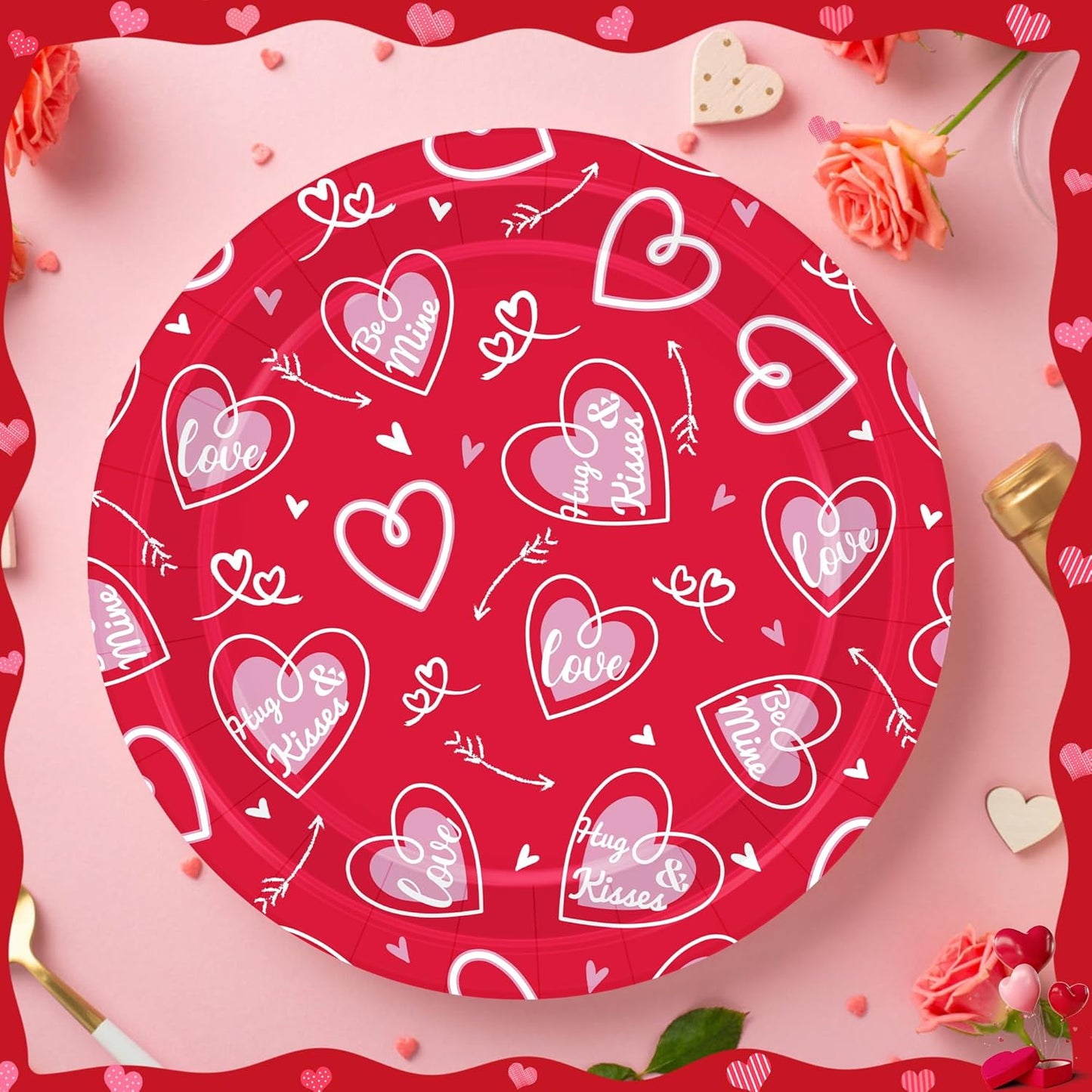 48 PCS Valentines Plates, 9 in Pink Red Color Heart Paper Plates, round Heart Love Design Valentines Day Plates Pink Party Plates, Disposable Pink Dinnerware for Valentines Anniversaries Wedding