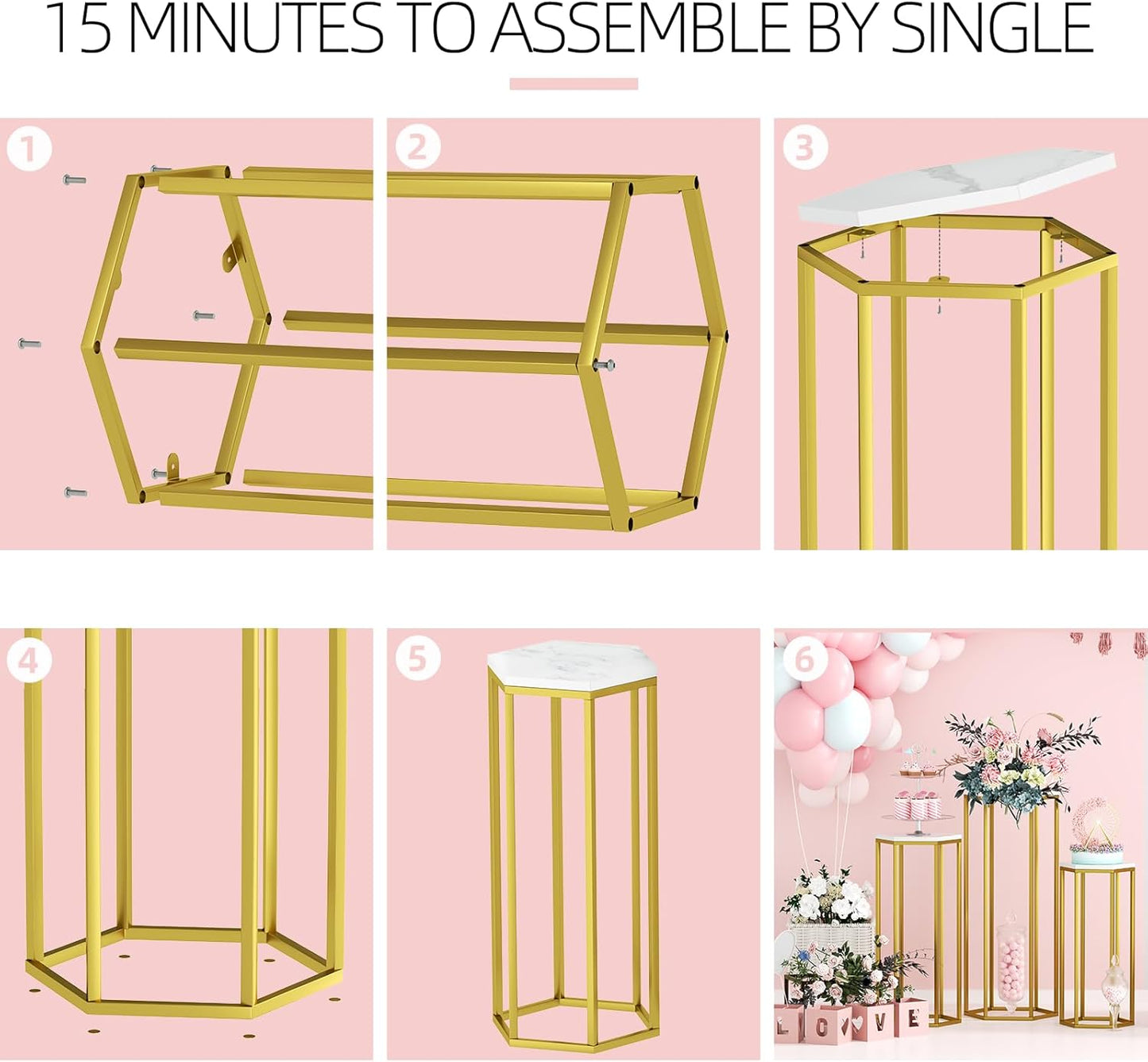 Cylinder Stands for Party, Set of 3 Gold Metal Hexagon Pedestal Stand with Marbled Countertop, Cake Flower Plant Pedestal Stands for Display Parties Wedding Birthday Decor, 3PCS, Gold