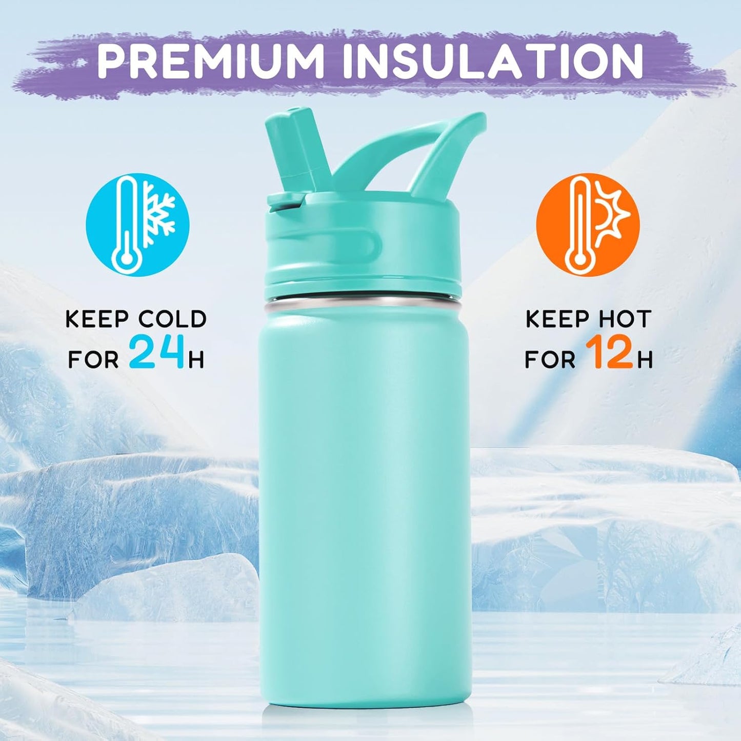 12Oz Kids Water Bottle for School, Toddler Bottles with Straws, Stainless Steel Vacuum Insulated Water Bottle for Boys&Girls, Leak-Proof, Bpa-Free, Green