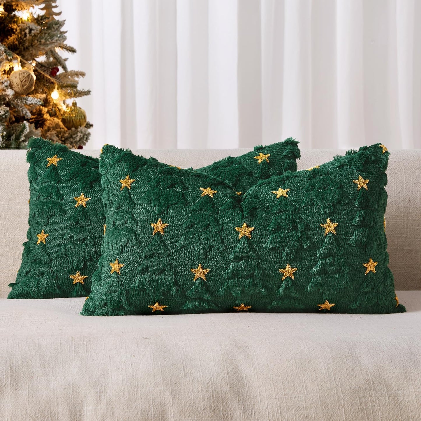 Christmas Pillow Covers 12X20 Inch Set of 2, Dark Green Christmas Tree Plush Faux Fur Pillowcases Soft Decorative Throw Pillow Cases for Couch Sofa Living Room Winter Xmas Holiday Home Decor