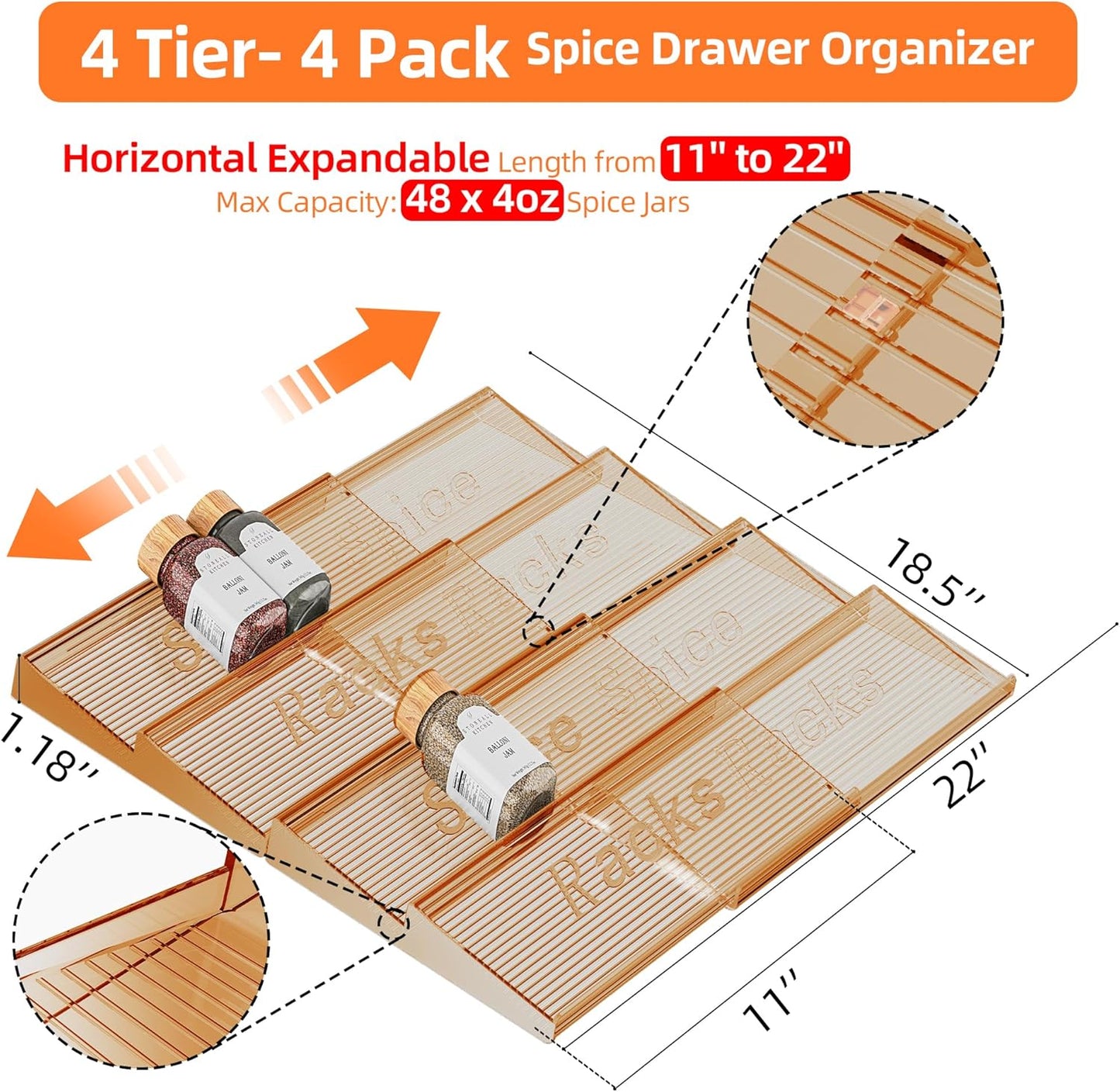Spice Drawer Organizer, 4 Tier- 4 Pack Amber Acrylic Drawer Seasoning Organizer, Expandable from 11'' to 22'' Kitchen Spice Rack Organizers and Storage for Drawer (Jars Not Included)