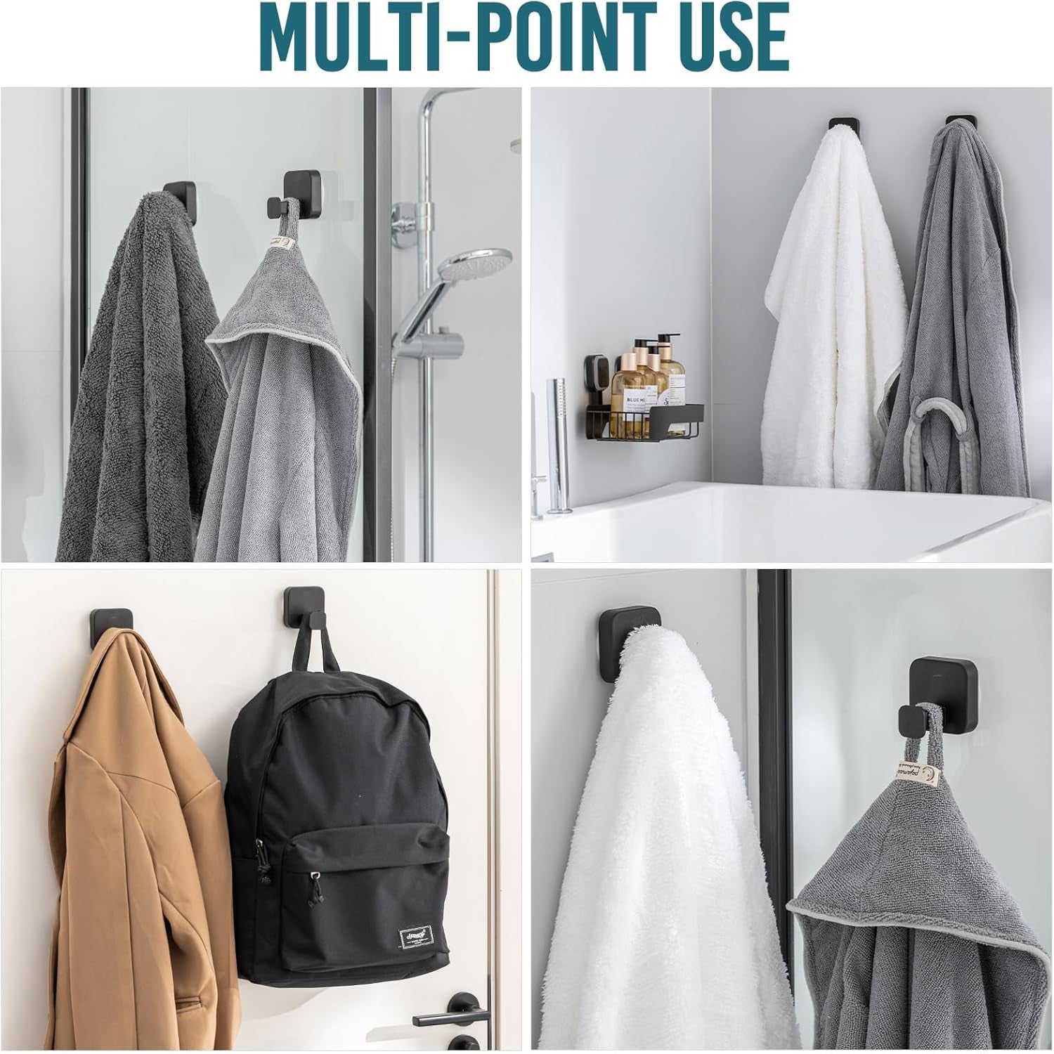 Stylish 304 Stainless Steel Bathroom Suction Hooks for Towel, Bathrobe, Loofah, No Damage Hanging Glass Shower Wall Hooks, Removable Patented Strong Suction Cup Holders, Hold up to 11 Lbs, Black