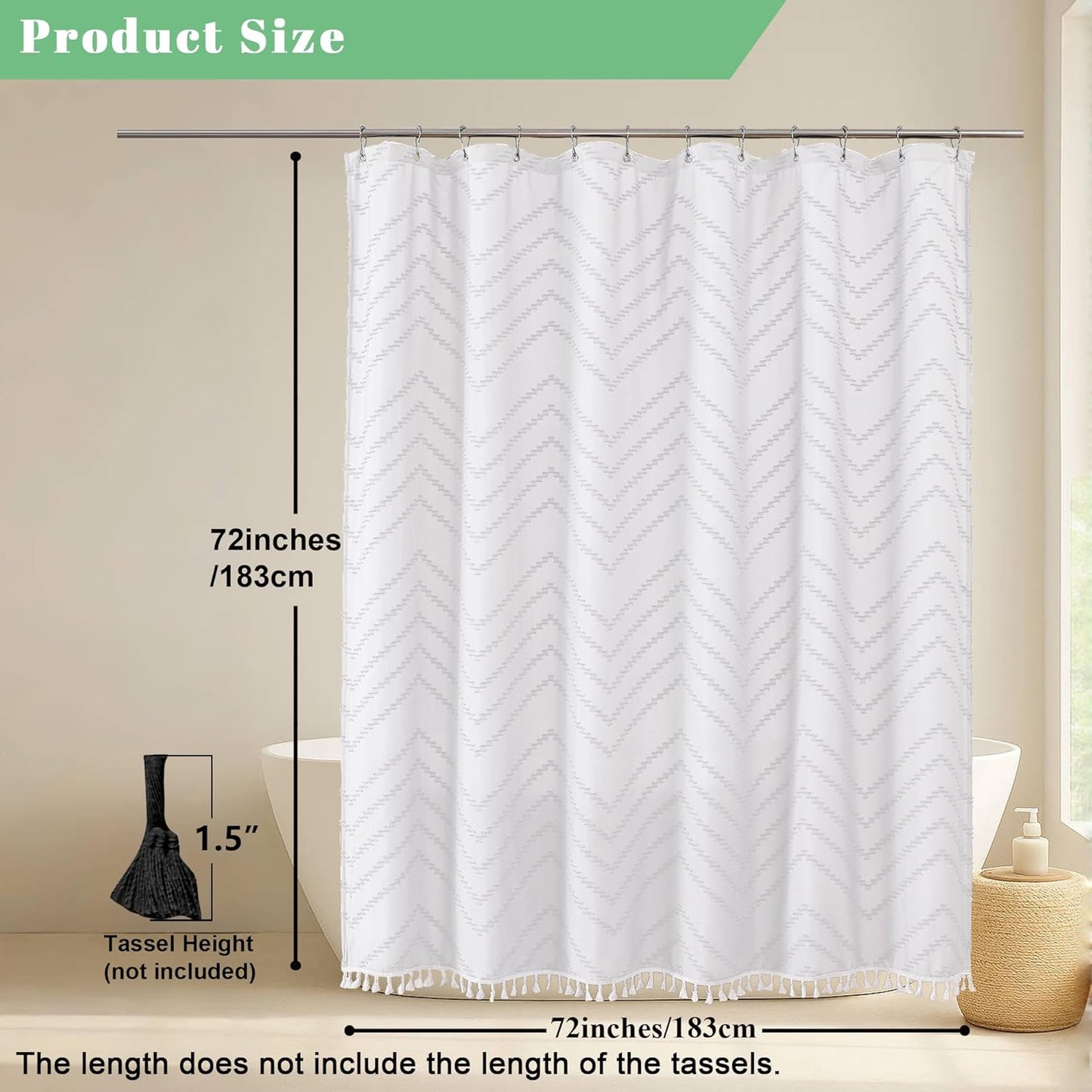 Boho Shower Curtain, White Fabric Cloth Shower Curtains Farmhouse Tufted Chevron Striped Textured with Tassel for Bathroom, Soft Hotel Style Modern Minimalist, Machine Washable, 72X72, White