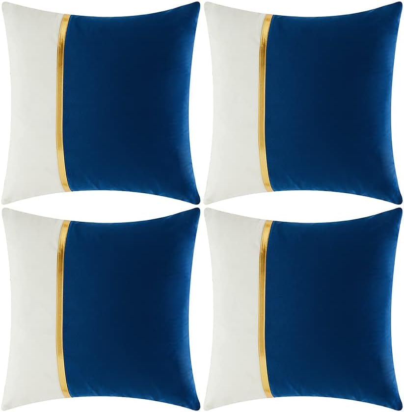 4 Packs Blue Decorative Throw Pillow Covers 16X16 Inch for Living Room Couch Bed, Royal Blue and White Velvet Patchwork with Gold Leather, Luxury Home Decor Square Cushion Case 40X40 Cm
