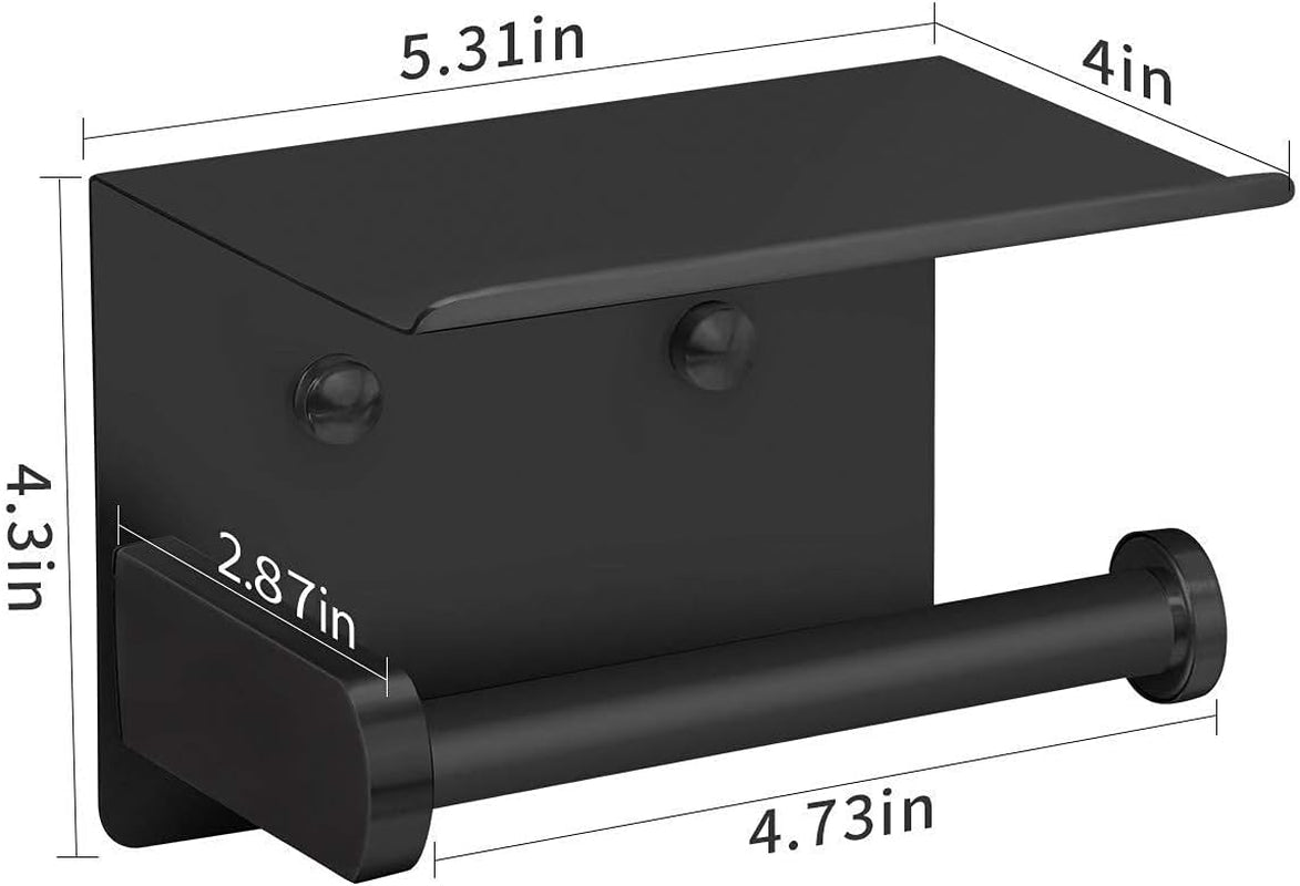 Self Adhesive Toilet Paper Holder with Phone Shelf Stainless Steel Wall Mounted Toilet Paper Roll Holder - Rustproof and Bathroom Washroom Tissue Roll Holder with Shelf - Black