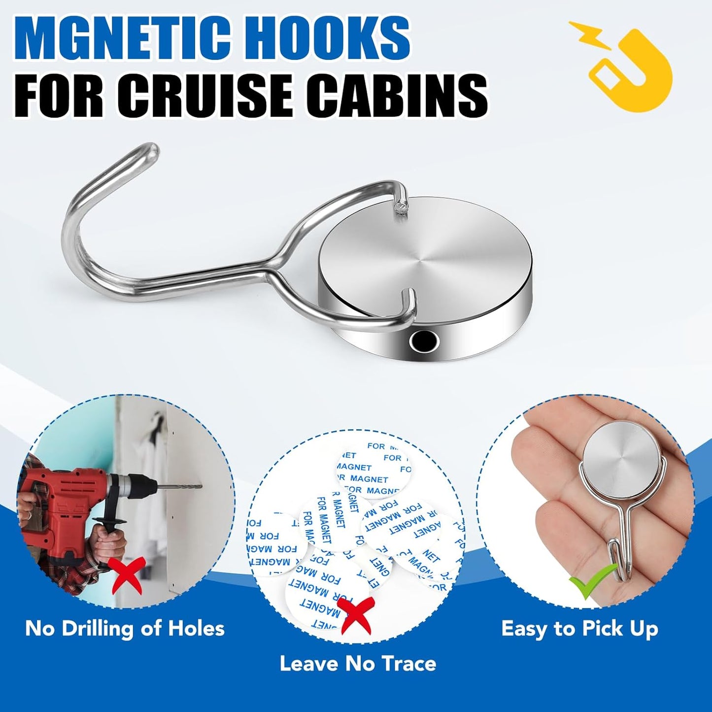 Magnetic Hooks for Cruise Cabins, 60Lbs Swivel Magnetic Hooks Heavy Duty, Cruise Ship Essentials, Locker Accessories, Magnet Hook for Classroom, Refrigerator, Hanging, Grill -6 Pack