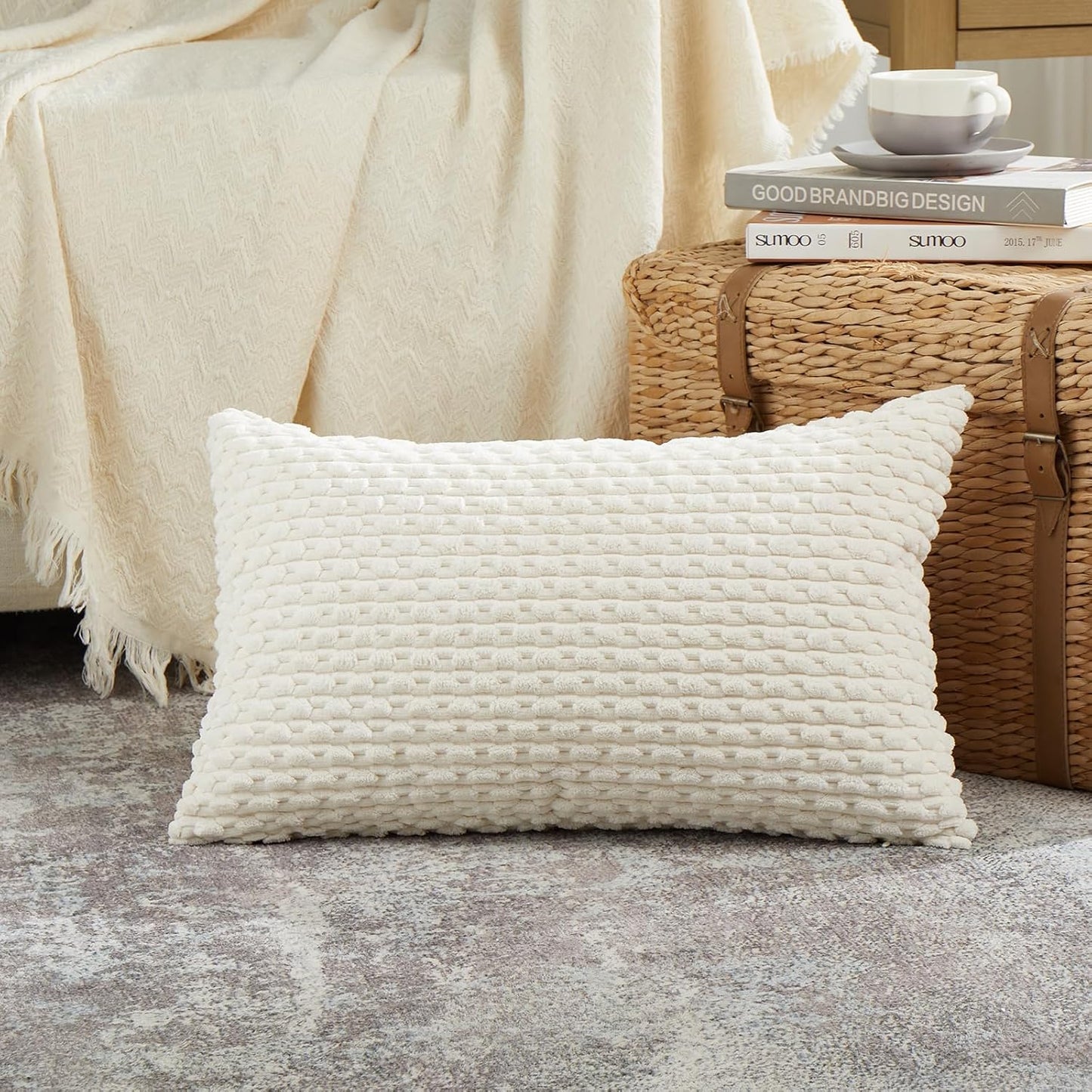 2 Packs Cream Decorative Throw Pillow Covers 12X20 Inch for Couch Bed Sofa, Modern Farmhouse Boho Home Decor, Soft Cute Plush Corduroy Cushion Case 30X50 CM