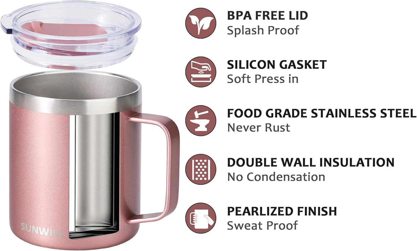 Travel Coffee Mug with Lid, Insulated Tumbler with Handle, 14 Oz Stainless Steel Cup Set of 2 for Camping, Outdoor, Cool Grey & Rose Gold 2 Pack