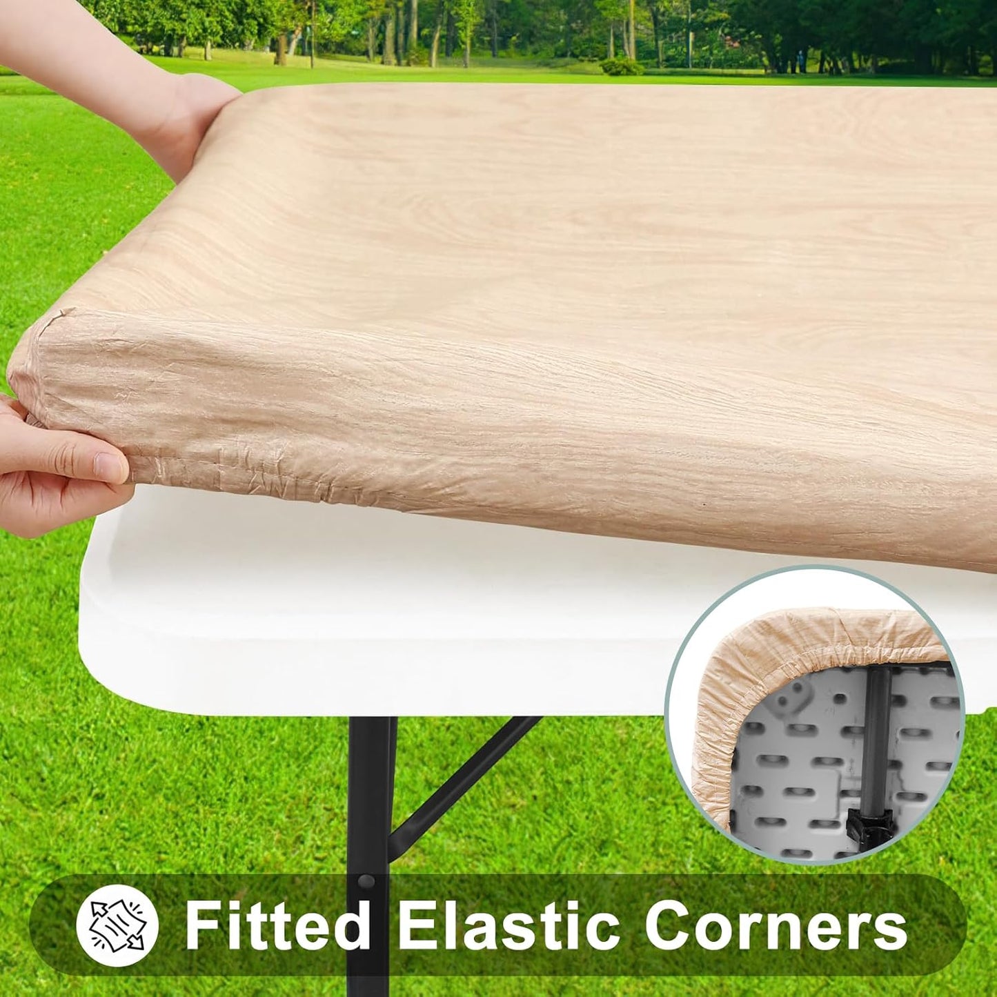 Rectangle Picnic Table Cover, Waterproof Elastic Fitted Vinyl Tablecloth for 6 Foot Tables, Wipeable Flannel Backed Camping Tablecloths Protector for Indoor, Outdoor (Beige, 30X72 Inches)