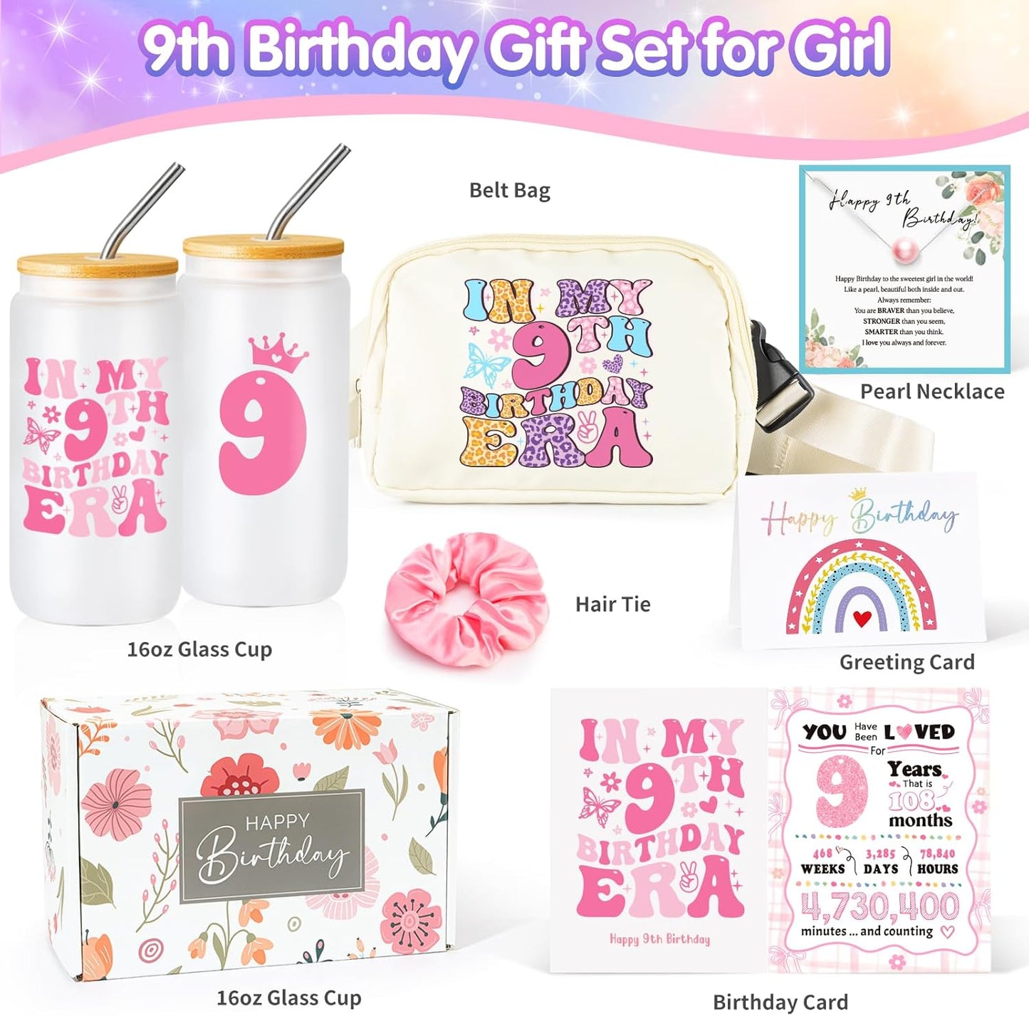9 Year Old Girl Birthday Gifts, Gifts for 9 Year Old Girls, Cool Happy 9Th Bday Gift Ideas for Daughter, Sister, Niece, Granddaughter, Top 9Th Birthday Decorations Gift for Teen Girls Basket 6 Pcs