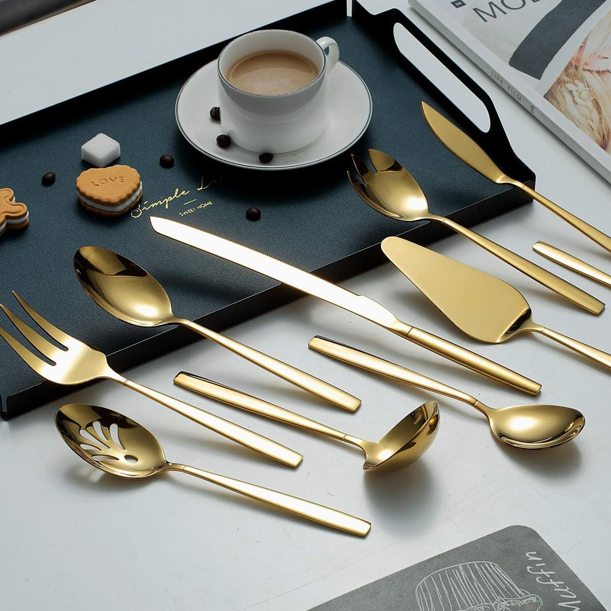 10-Piece Gold Serving Utensil Set with Titanium Plating, Including Cake Knife, Cake Server, Serving Forks, Sugar Spoon, Salad Spoon, Butter Knife, Gravy Ladle, and More