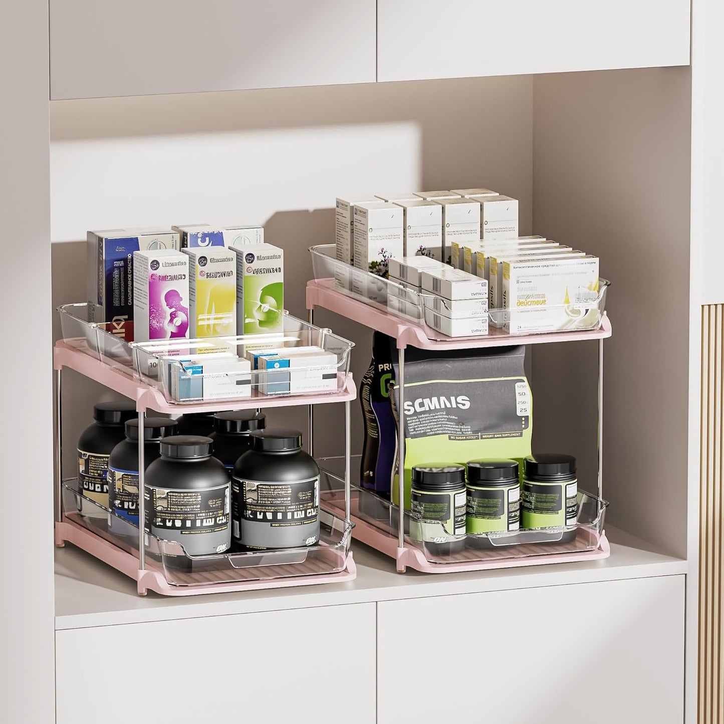2 Sets of 2-Tier Multi-Purpose Bathroom under Sink Organizers and Storage, Stackable Kitchen Pantry Organization, Pull Out Medicine Cabinet Organizer with 8 Movable Dividers, Pink