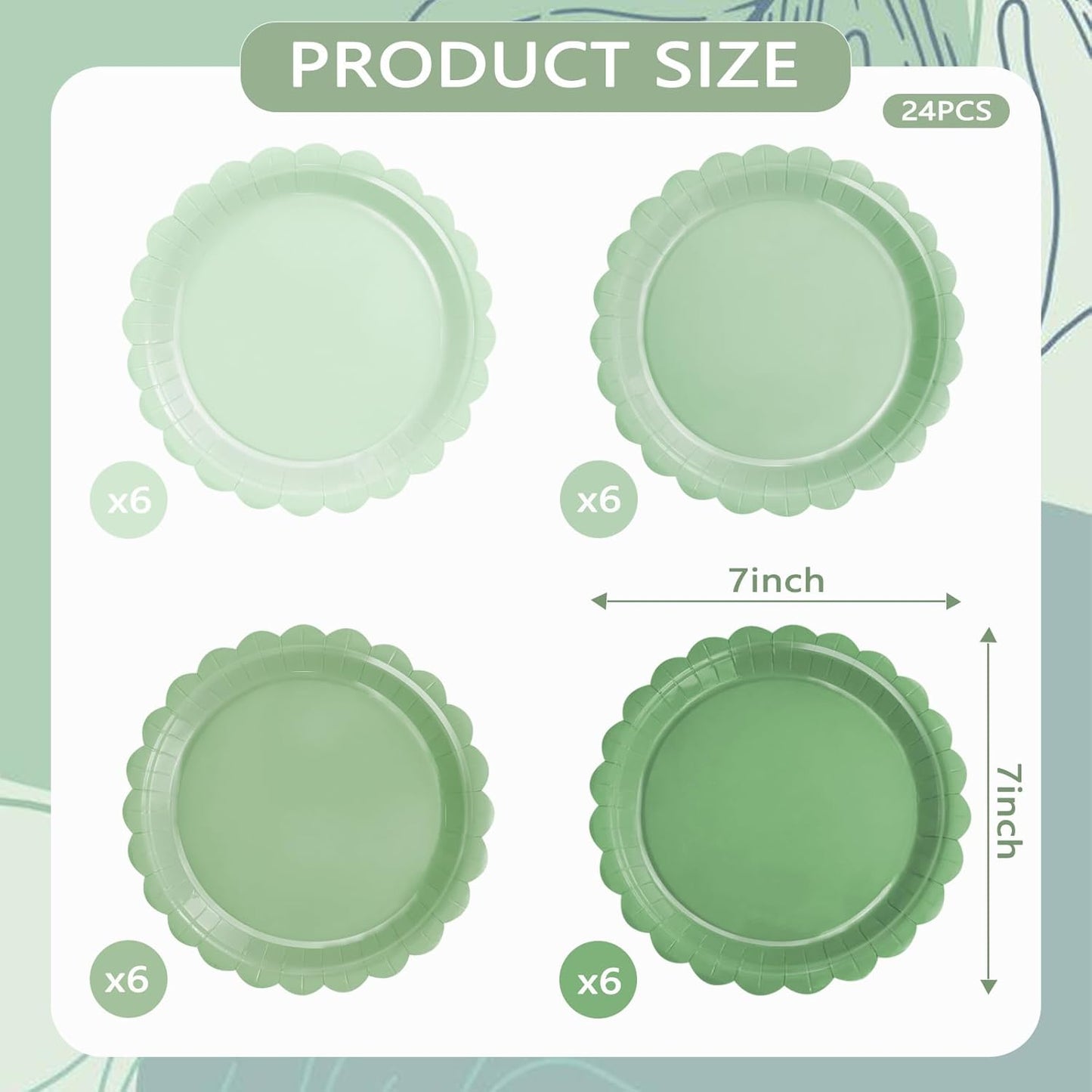 24 Pcs Sage Green Paper Plates Gradient Green Party Plates 7”Disposable round Dessert Plates for Birthday Wedding Bridal Engagement Baby Shower Party Supplies Dessert Plates Tableware