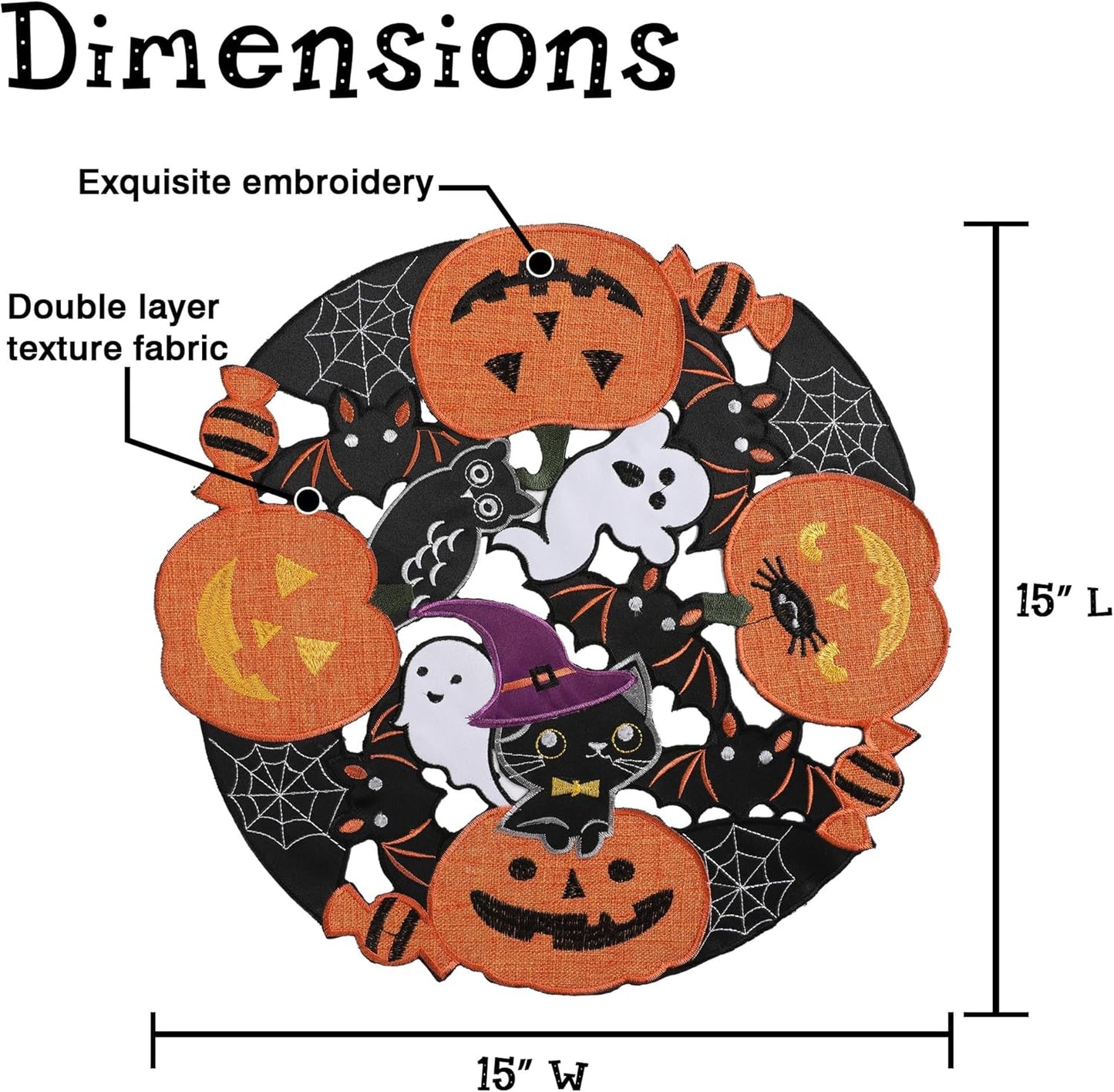 Halloween Placemats Set of 4, Embroidered Black round Placemats 15 Inches, Thanksgiving Fall Pumpkins Table Decorations for Kitchen & Dining Room, Gnomes Table Mats