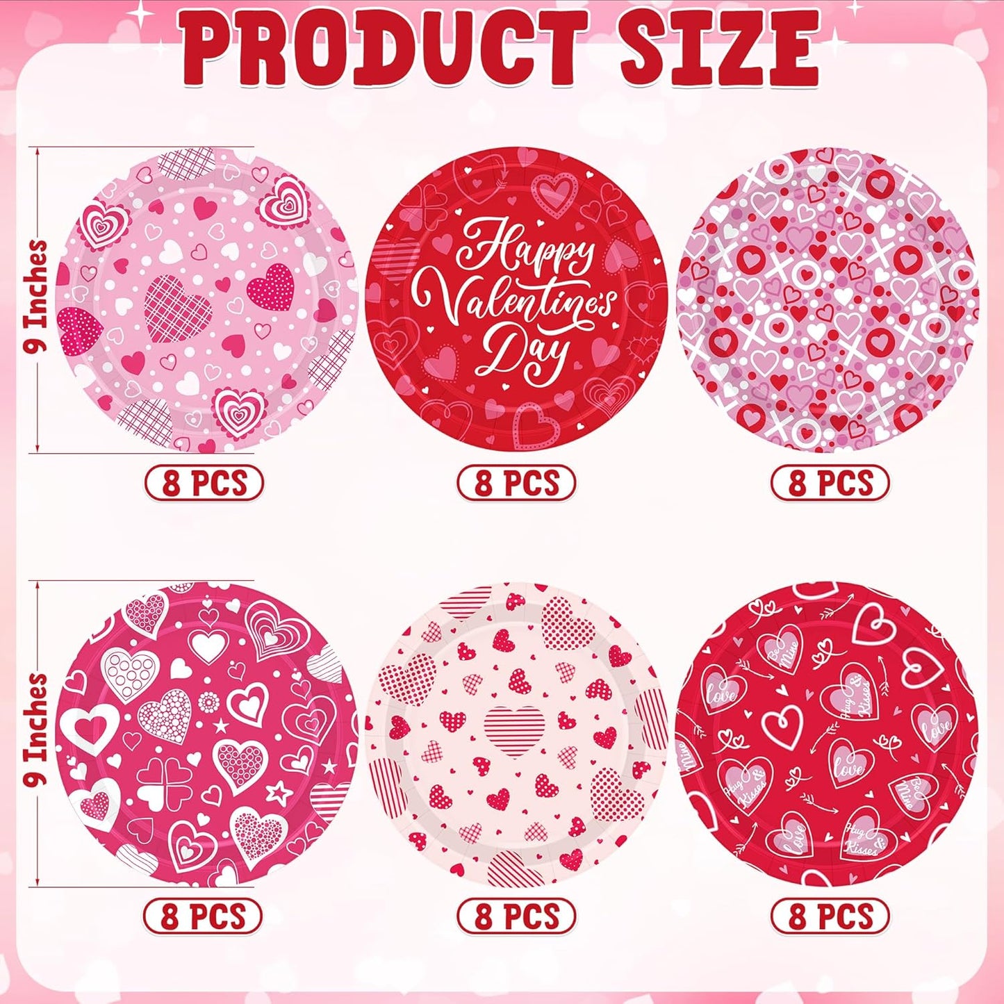 48 PCS Valentines Plates, 9 in Pink Red Color Heart Paper Plates, round Heart Love Design Valentines Day Plates Pink Party Plates, Disposable Pink Dinnerware for Valentines Anniversaries Wedding