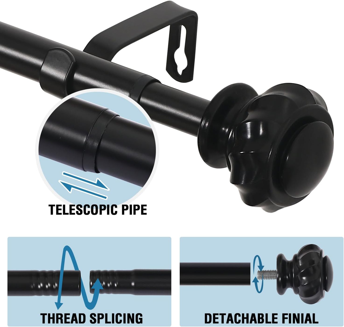 Curtain Rods for Windows 16.2 to 59.4 Inch, 3/4 Inch Black Curtain Rod, Adjustable Heavy Duty Drapery Rod, Modern Curtains Rods for Bedroom with Easy Install Design, Matte Black
