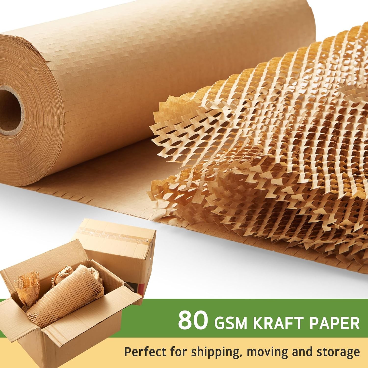 Honeycomb Packing Paper, 12" X 200' Cushion Bubble Packing Paper for Moving Shipping Packaging, Recyclable Moving Supplies Wrap Paper Roll with 20 Fragile Sticker Labels