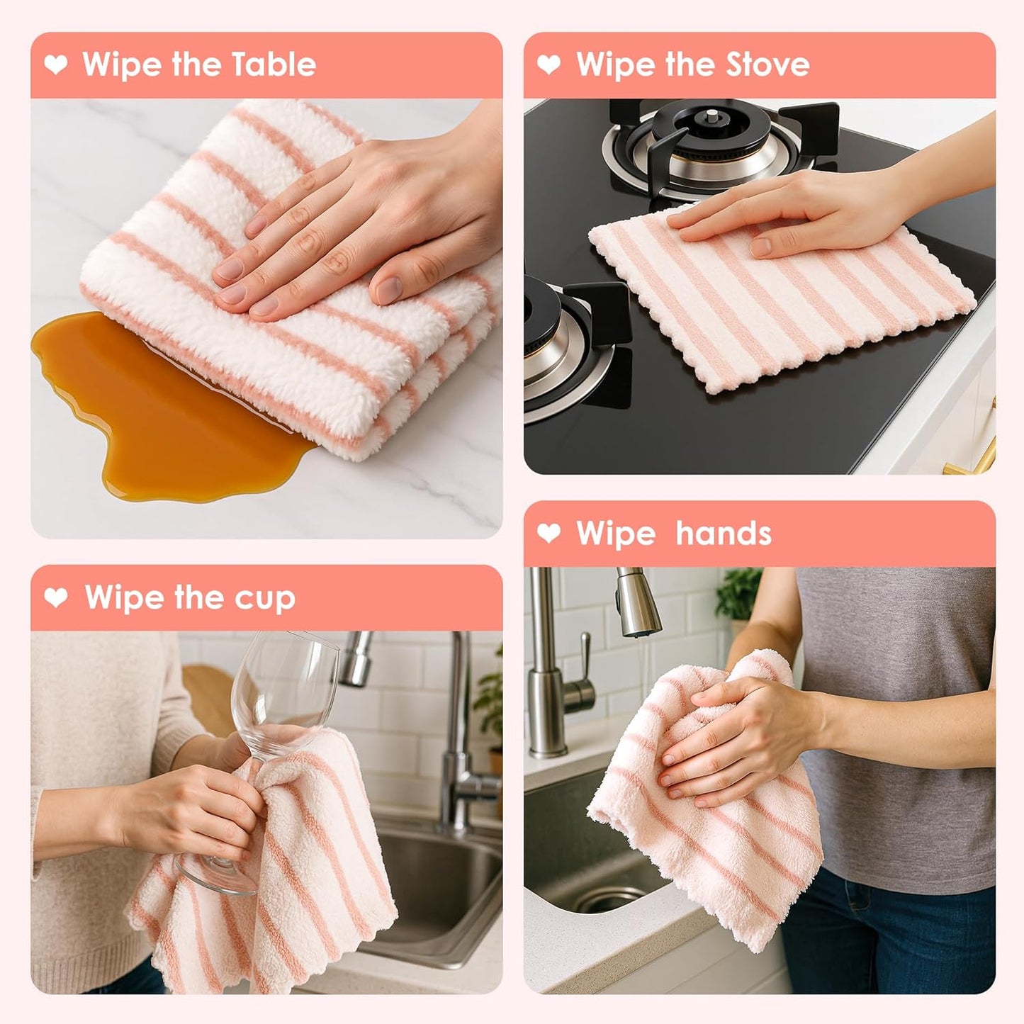 12 PCS Pink Kitchen Towels and Dishcloths Sets, Microfiber Cleaning Cloth, Dish Cloths for Washing Dishes, Drying Towel for Kitchen, Hand Rags with Hanging Loops