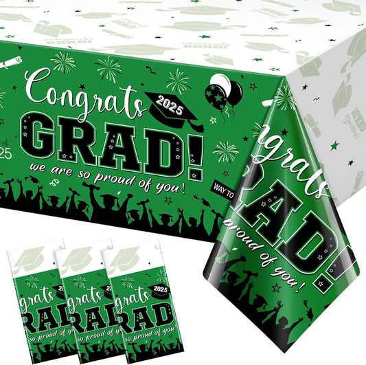 3 Pack Graduation Tablecloth Party Decorations, Class of 2025 Congrats Grad Plastic Tablecover Party Supplies, Green Rectangle Graduation Table Decorations for College High School Party, 54 X 108 Inch