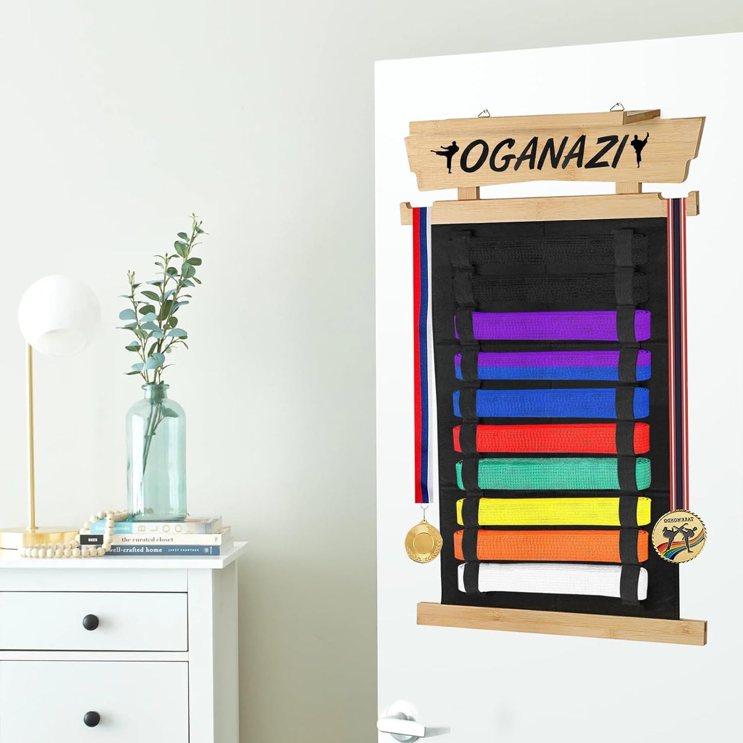 Karate Belt Display Rack with Personalized Stickers - Bamboo Trophy Holder for Taekwondo, BJJ, and Martial Arts Belts
