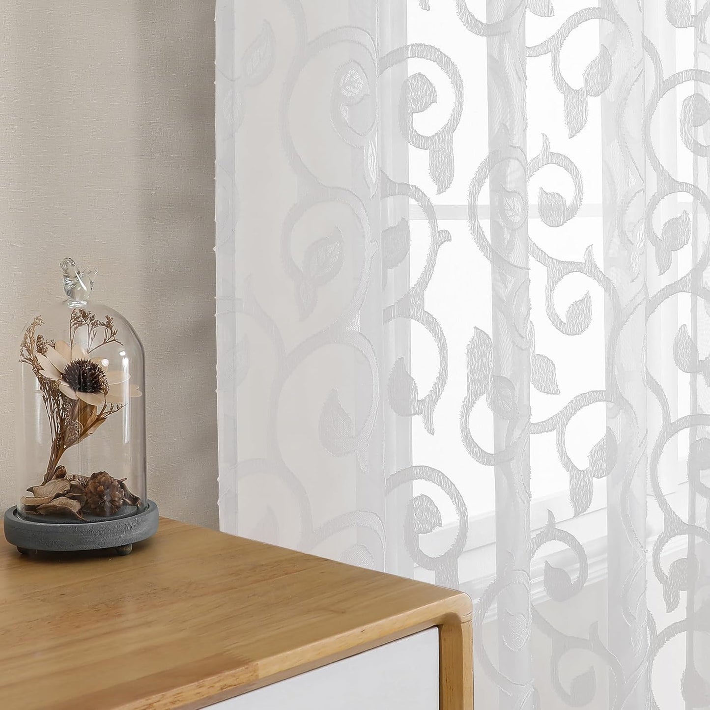 Furman Sheer White Curtains 84 Inches Long for Bedroom Living Room 2 Panels Set, White Curtains Jacquard Clip Light Filtering Semi Sheer Curtain Rod Pocket Window Drapes, 2 Pcs Each 40 W 84 L