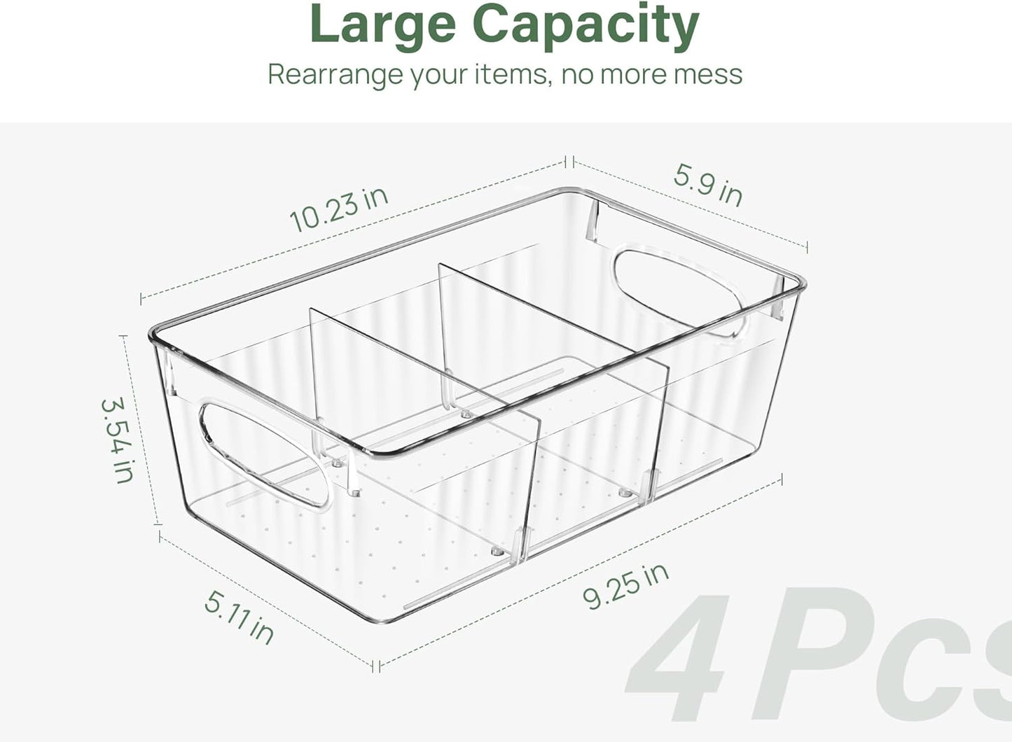 Refrigerator Organizer Bins with Removable Dividers, Freezer Organizer Bins Clear Pantry Organization and Storage Bins, Plastic Stackable Food Storage Bins for Fridge, Kitchen, Cabinet (4 Pack)