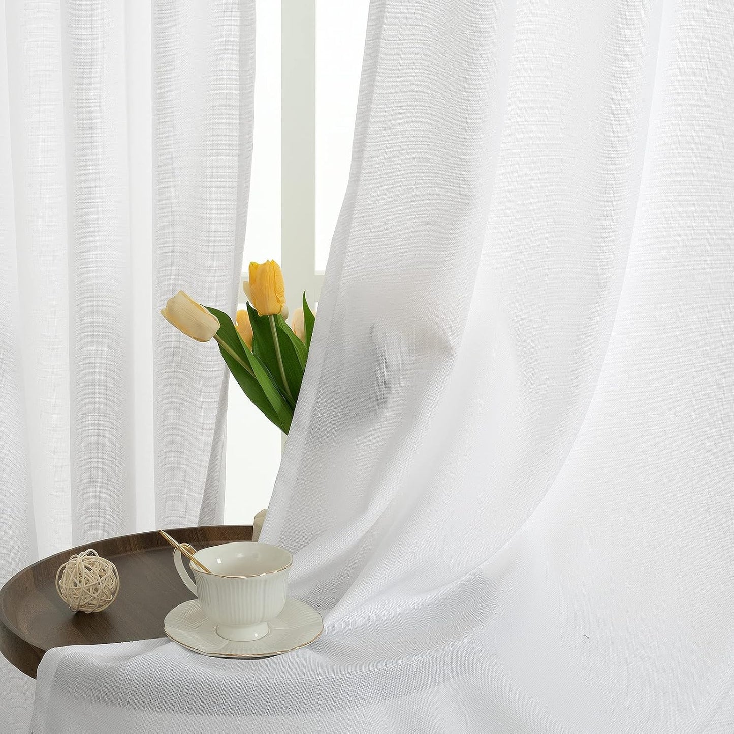 White Linen Curtains 84 Inches Long 2 Panels, Semi Sheer Light Filtering Privacy Neutral Panels Grommet Faux Linen Textured Opaque Drapes for Bedroom/Living Room, 52 X 84 Inch