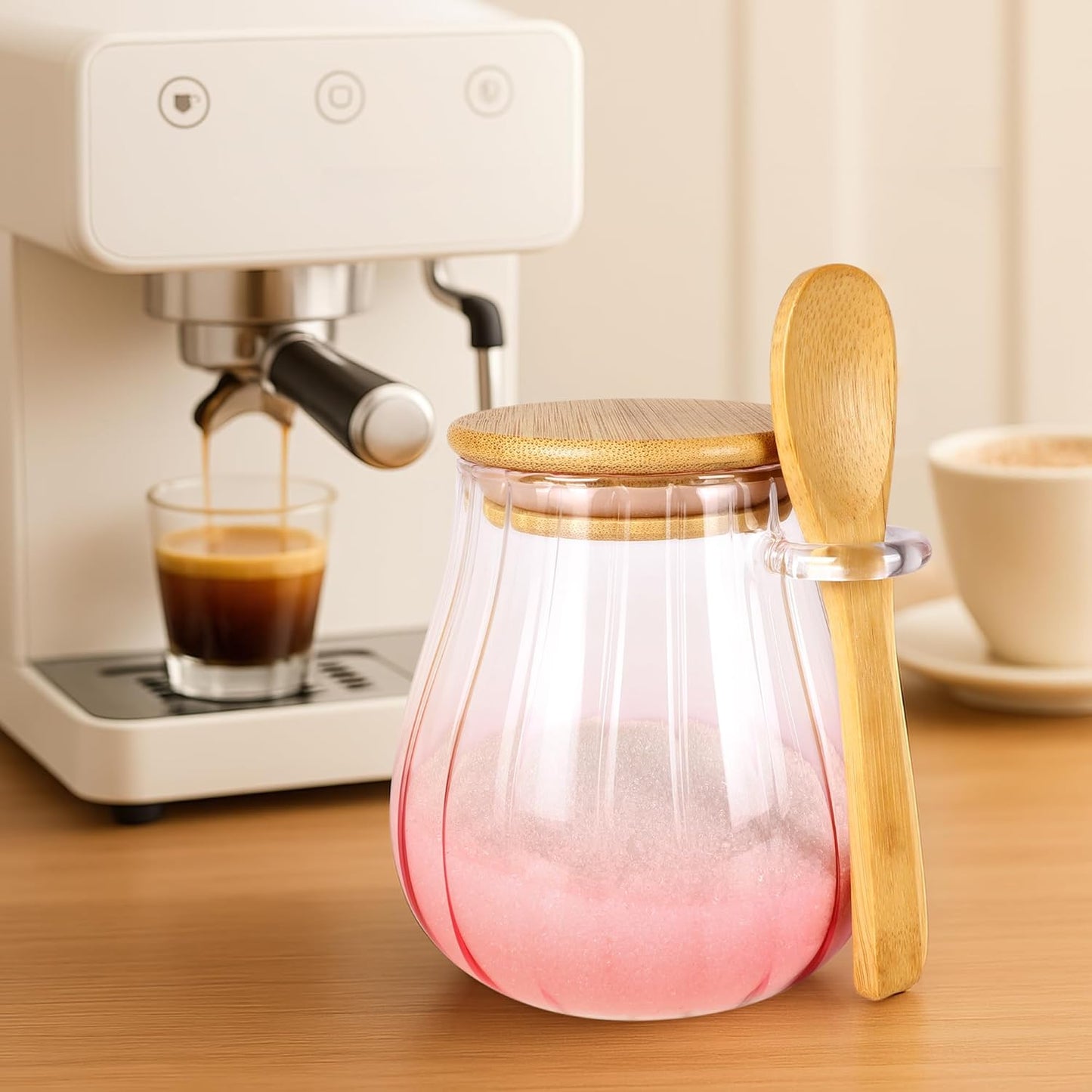 15 Oz Pink Sugar Bowl with Bamboo Lid and Spoon,Pink Kitchen Decor and Accessories,Glass Jar with Airtight Lid, Brown Sugar Keeper, Sugar Container for Coffee Bar and Office