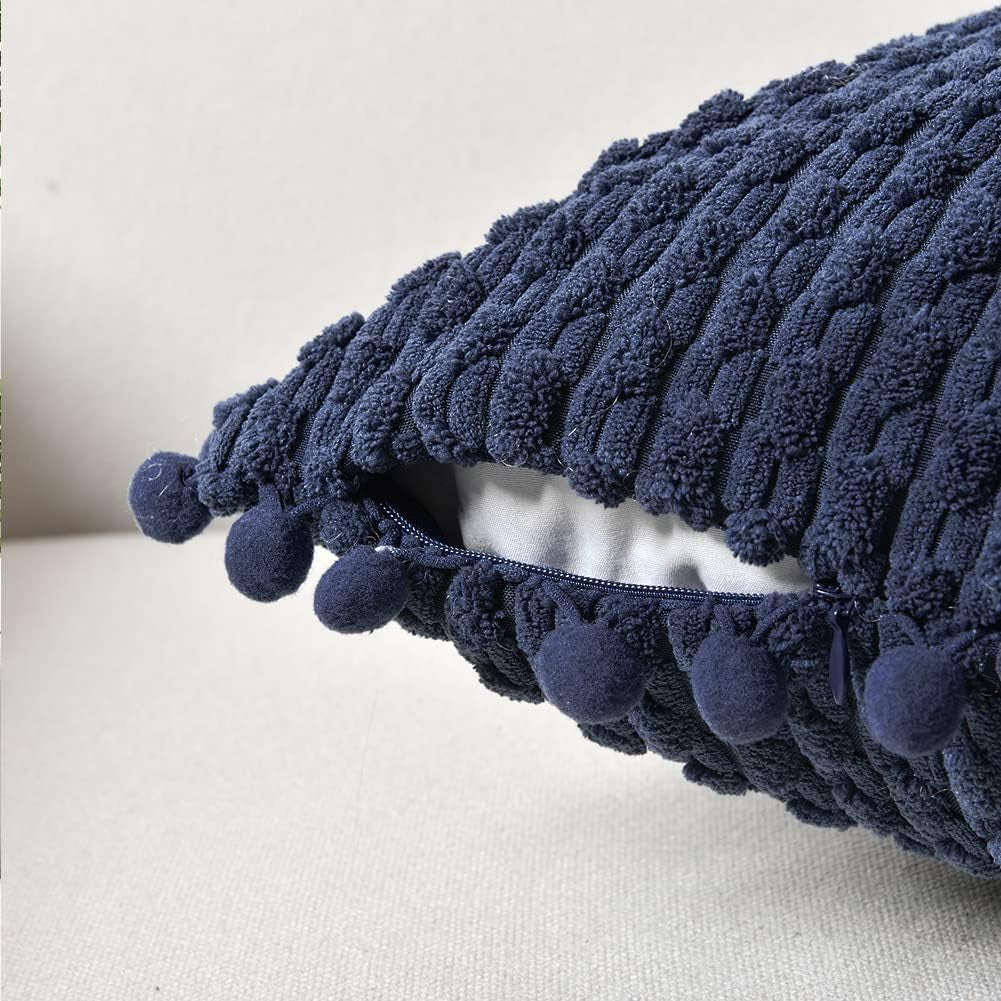 Set of 2 Navy Blue Decorative Throw Pillow Covers 18X18 Inch with Pom-Poms for Couch Bedroom Living Room, Modern Farmhouse Boho Home Decor, Soft Plush Corduroy Cute Cushion Case 45X45 Cm