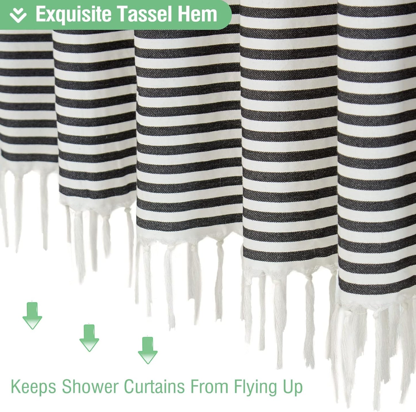 Modern Farmhouse Fabric Shower Curtain Boho Black and White Striped Cloth Bathroom Shower Curtain with Tassels, Hotel Luxury Decorative Shower Curtain Set with 12 Hooks - 72X72
