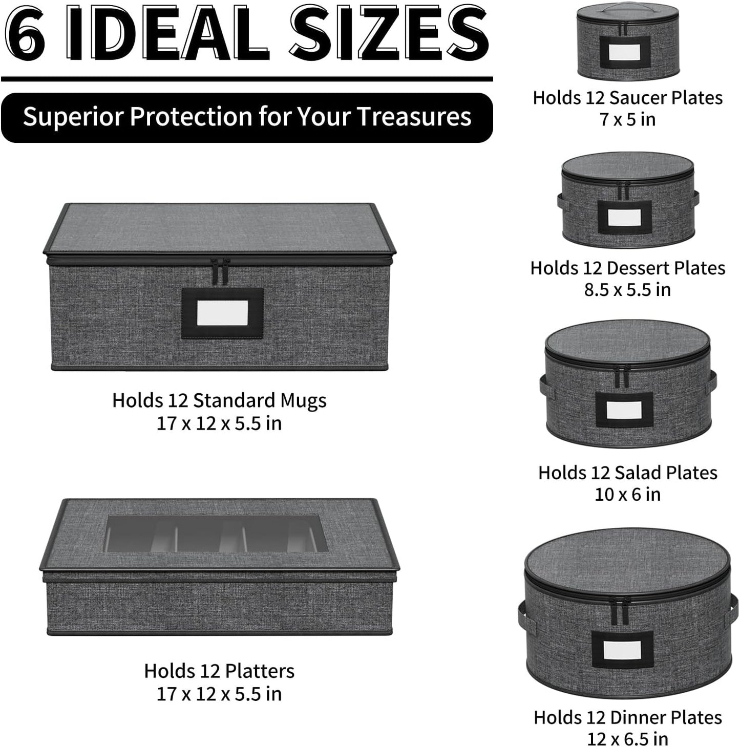 China Storage Containers - 6 Piece Set Hard Shell Box for Moving Dishes, Plate, Dinnerware, Mugs, Silverware, Saucers Quilted Organizer Dividers for Packing Fine, Grey
