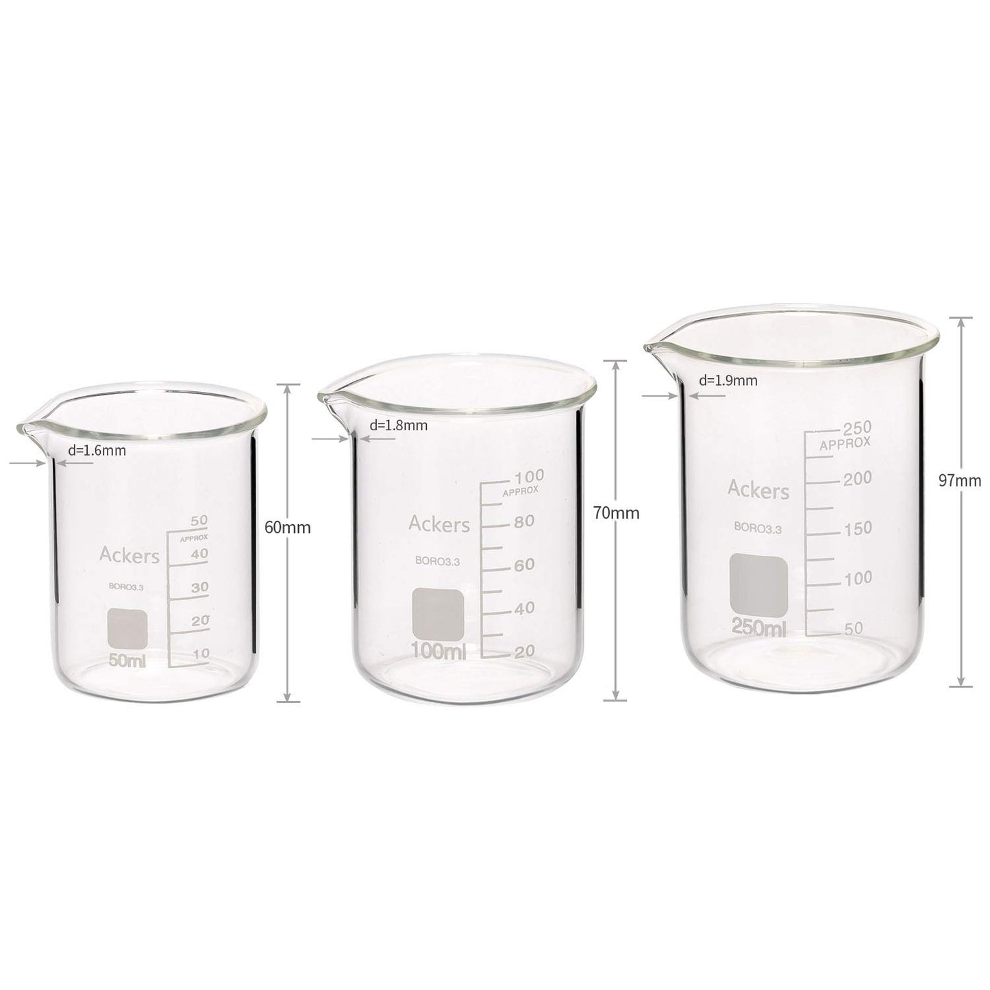 Ackers Boro3.3,Griffin Low Form Scientific Glass Beaker Set-50Ml,100Ml,250Ml,500Ml,1000 Ml (Pack of 5)