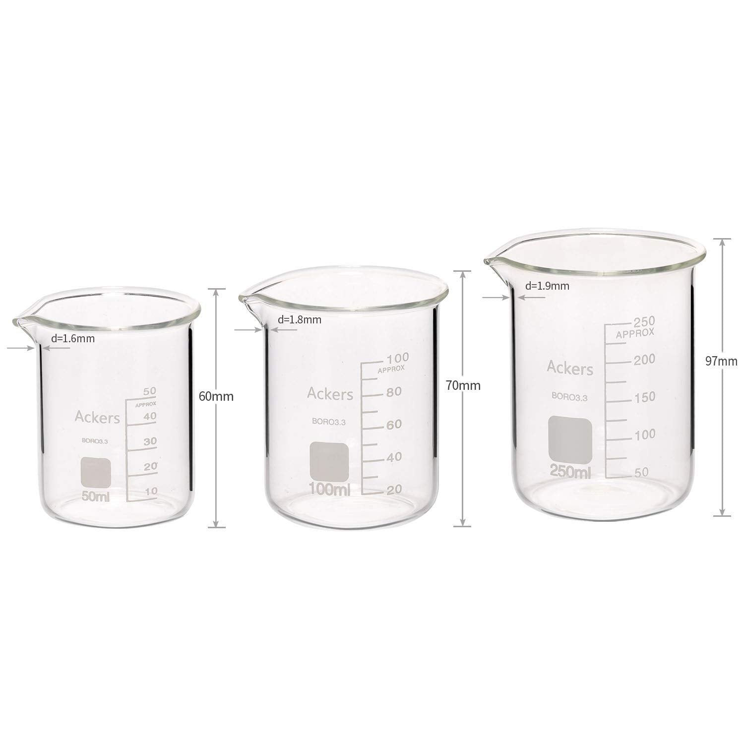 Ackers Boro3.3,Griffin Low Form Scientific Glass Beaker Set-50Ml,100Ml,250Ml,500Ml,1000 Ml (Pack of 5)