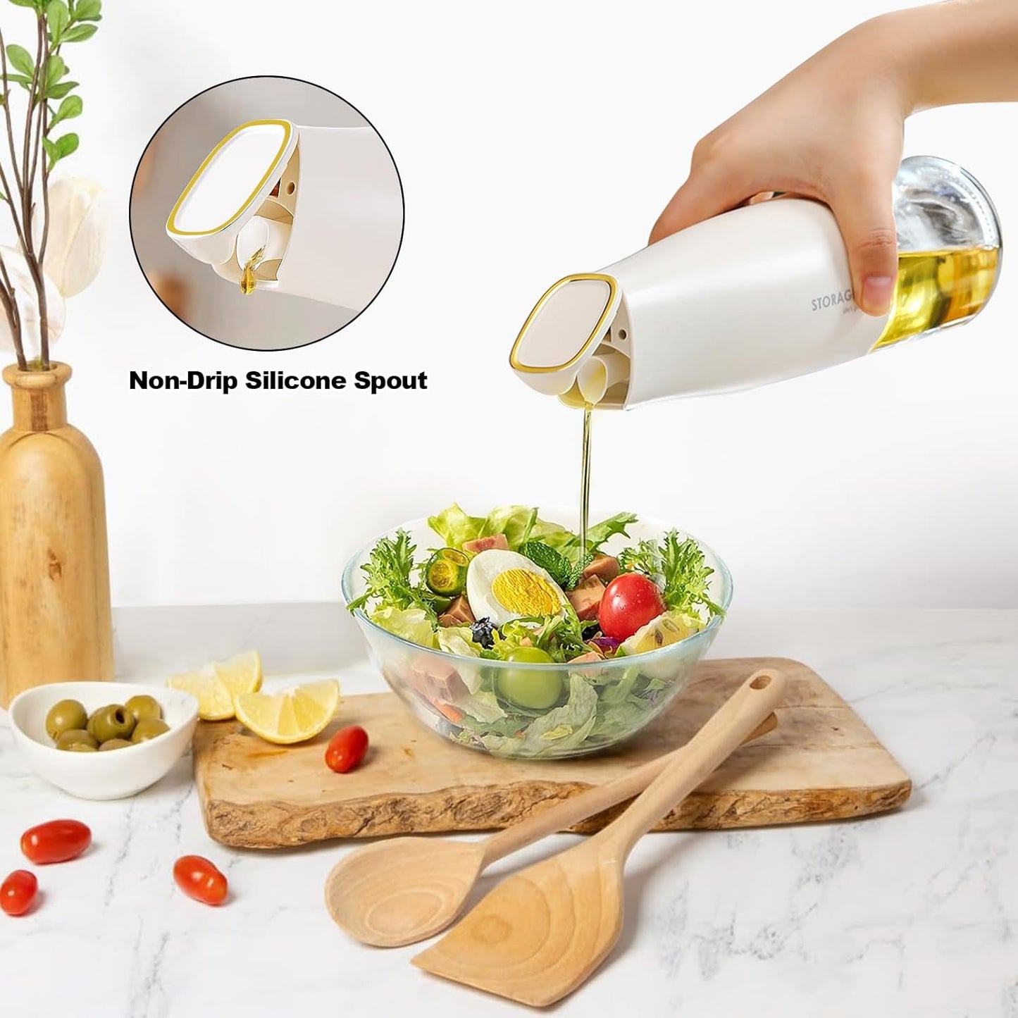 Large Capacity Olive Oil Dispenser - 500ml / 17oz Glass Vinegar Drizzler - Leak-Proof Non-Drip Soy Sauce Pourer with Labels (White)