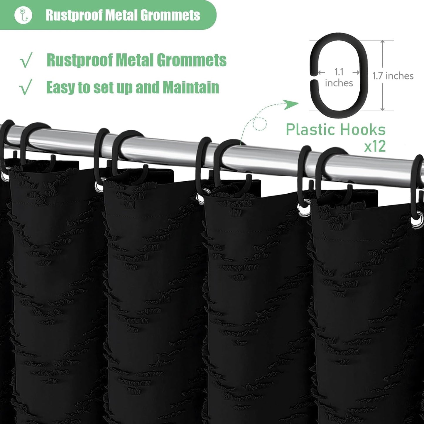 Boho Farmhouse Shower Curtain, Black Fabric Tufted Chevron Striped Textured Tassel Shower Curtains for Bathroom, Water Repellent, Minimalist Ruffled Cloth Shower Curtain Set with Hook, 72X72