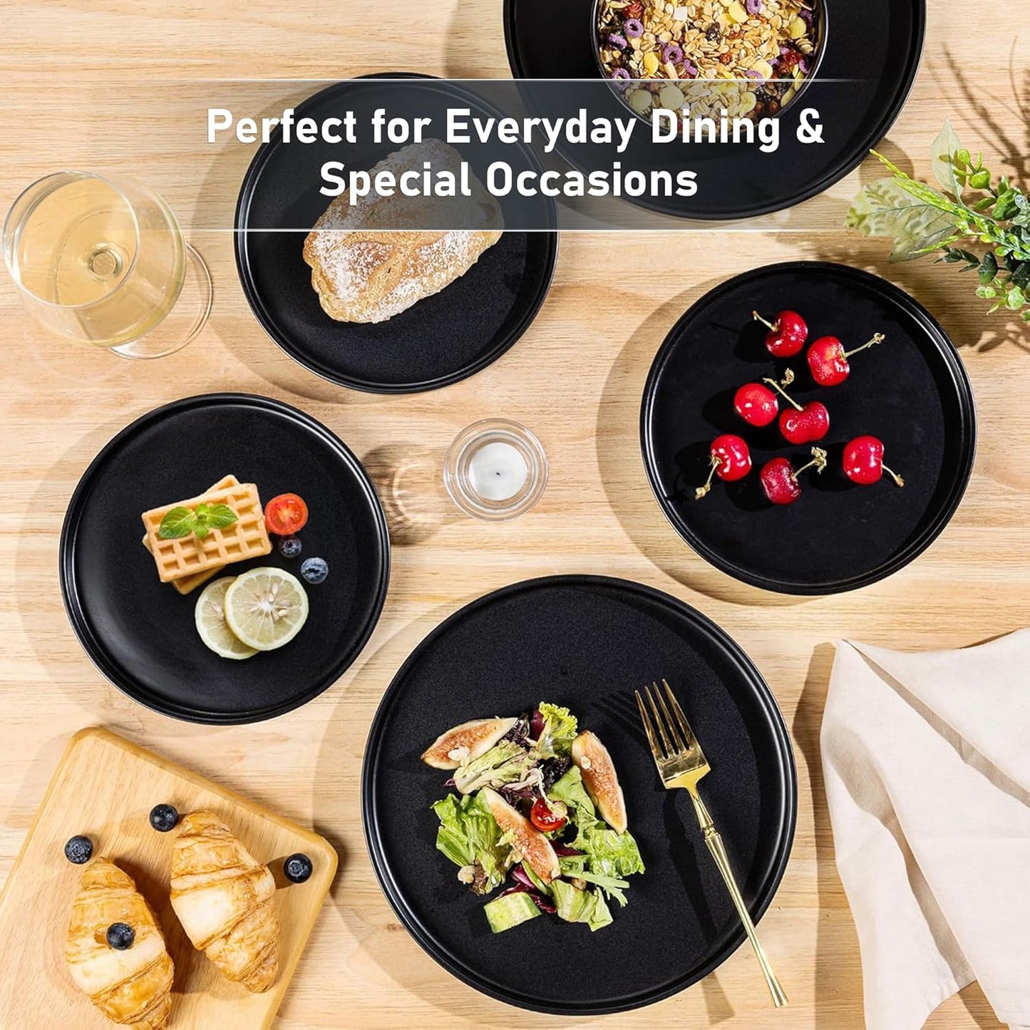 Matte Black Stoneware Dinnerware Set for 6 - Chip and Scratch Resistant, Dishwasher, Microwave, and Oven Safe with Reactive Glaze