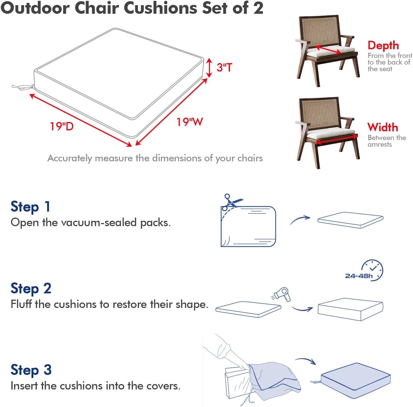 Outdoor Chair Cushions Set of 2 - 19" x 19" x 3" Waterproof Seat Cushions for Patio Furniture with Ties in Dark Grey