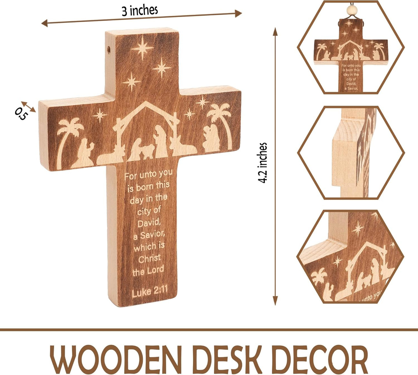 Christian Christmas Ornaments 2025, Engraved Natural Solid Wood Cross Ornament with Holy Scripture Luke 2:11, Nativity Ornaments, a Tradition Story Religious Gifts for Family, Friends, Coworker