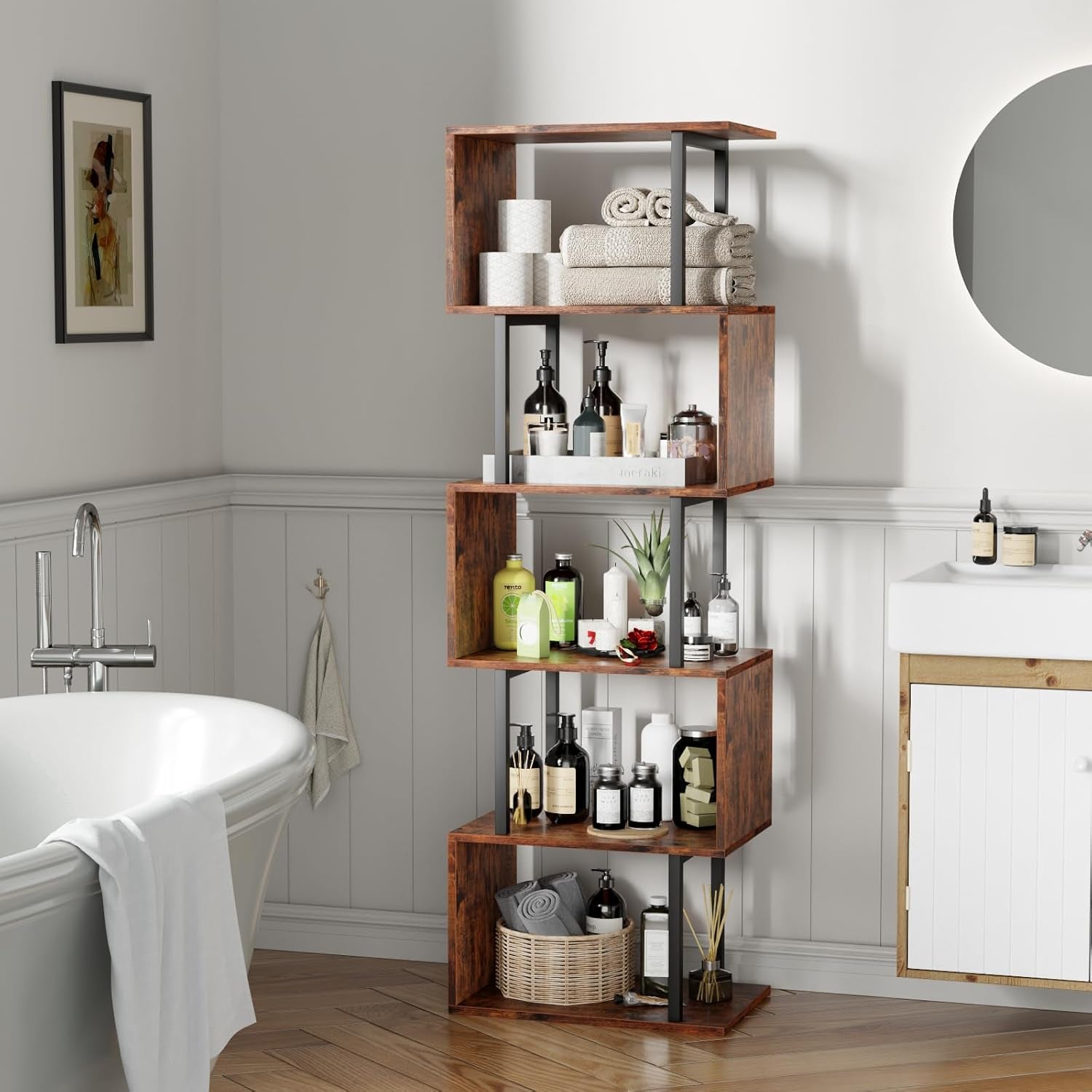 6 Tier Bookshelf, Tall S Shaped Geometric Bookcase, Modern Display Book Shelf Standing Unit, Wood Metal Decorative Room Divider Shelf for Living Room Bedroom Office, Rustic Brown