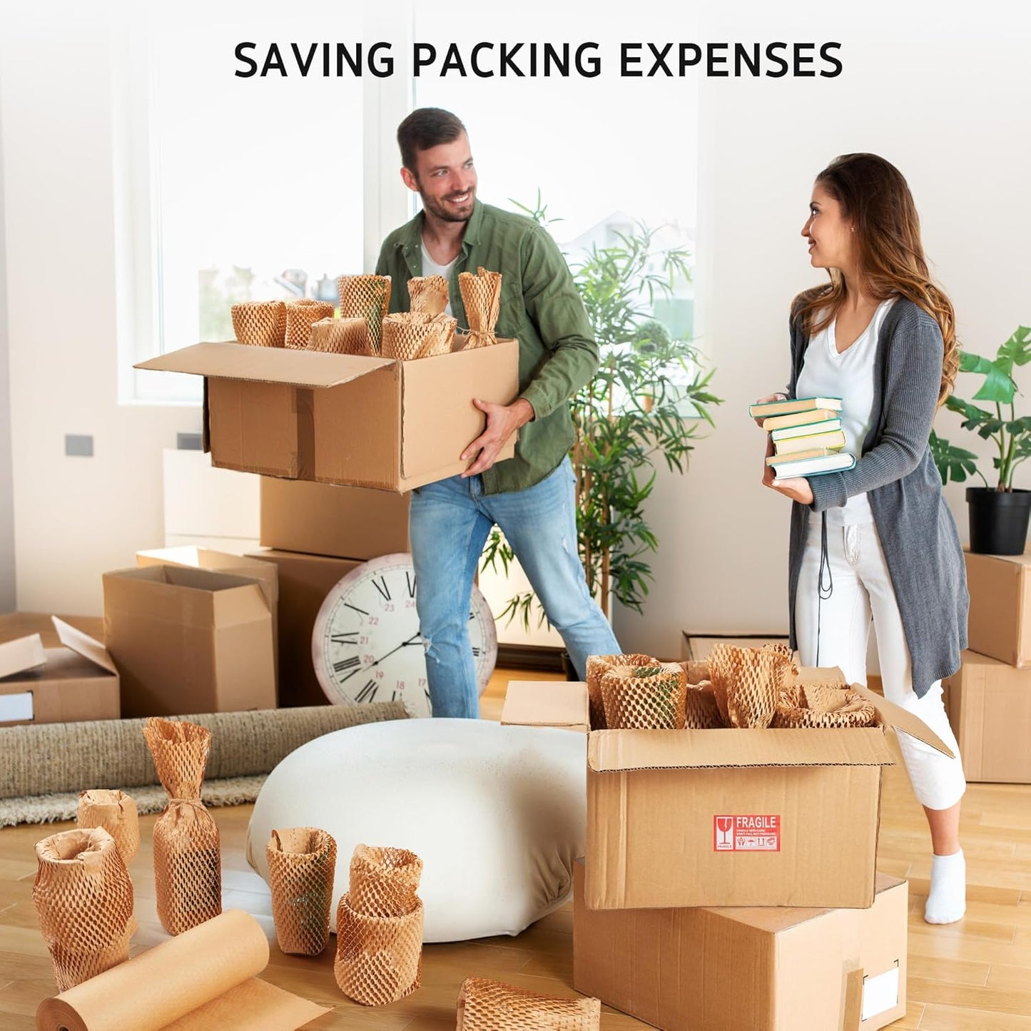 Honeycomb Packing Paper, 12" X 200' Cushion Bubble Packing Paper for Moving Shipping Packaging, Recyclable Moving Supplies Wrap Paper Roll with 20 Fragile Sticker Labels