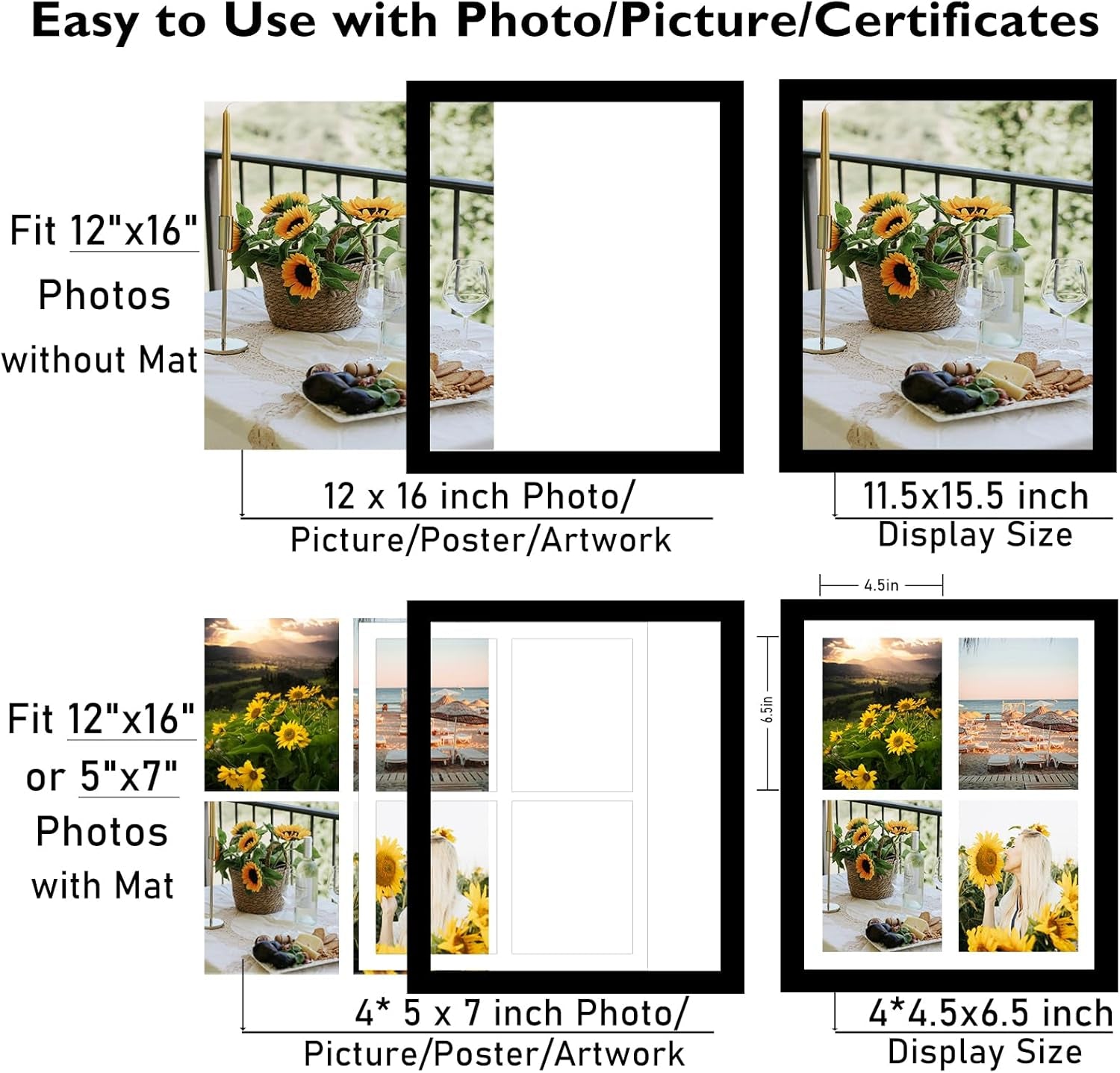 12X16 Picture Frame, 5X7 Collage Frame, Display 4 Pcs 5X7 Photos or 12X16 Picture, Four Opening Collage for Wall Hanging, Lightweight Multi Frame, Black