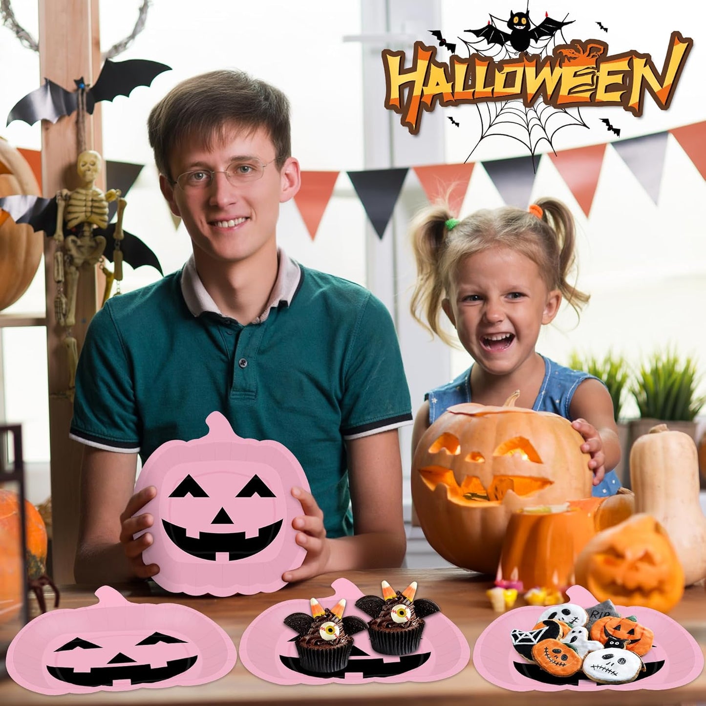 Pink Grimace Halloween Pumpkin Plates - 50 PCS, 9.6'' X 9.4'' Disposable Paper Plates for Party Supplies and Decorations