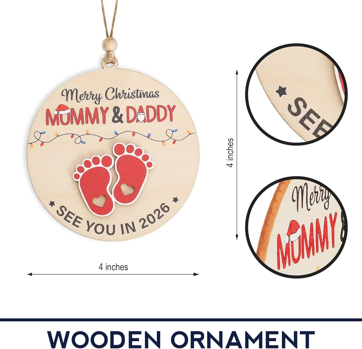 Merry Christmas Mommy and Daddy See You in 2026, Wooden Expecting Baby Ornament 2026, Pregnancy Announcement for Husband Grandparents Family Aunt, Gifts for Expecting Parents, Parents to Be Gifts