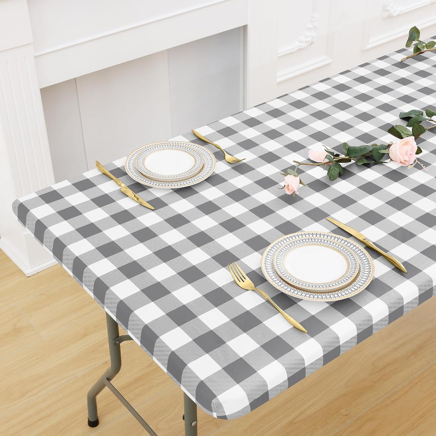 Buffalo Rectangle Picnic Tablecloth, 6 Foot Elastic Fitted Vinyl Table Cloth with Flannel Backing, Waterproof Plaid Table Covers for Dining, Camping, Outdoor (Grey and White, 30" X 72")
