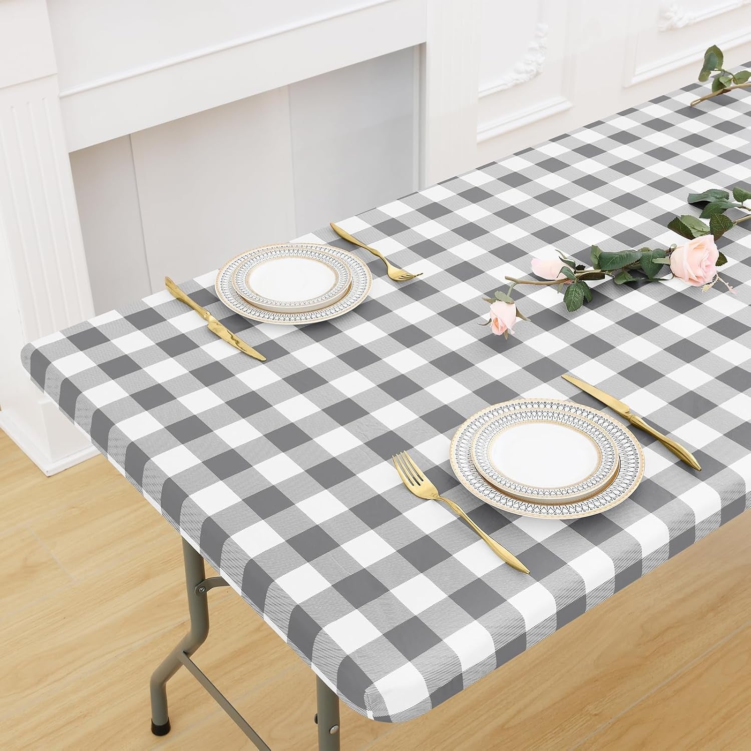 Buffalo Rectangle Picnic Tablecloth, 6 Foot Elastic Fitted Vinyl Table Cloth with Flannel Backing, Waterproof Plaid Table Covers for Dining, Camping, Outdoor (Grey and White, 30" X 72")