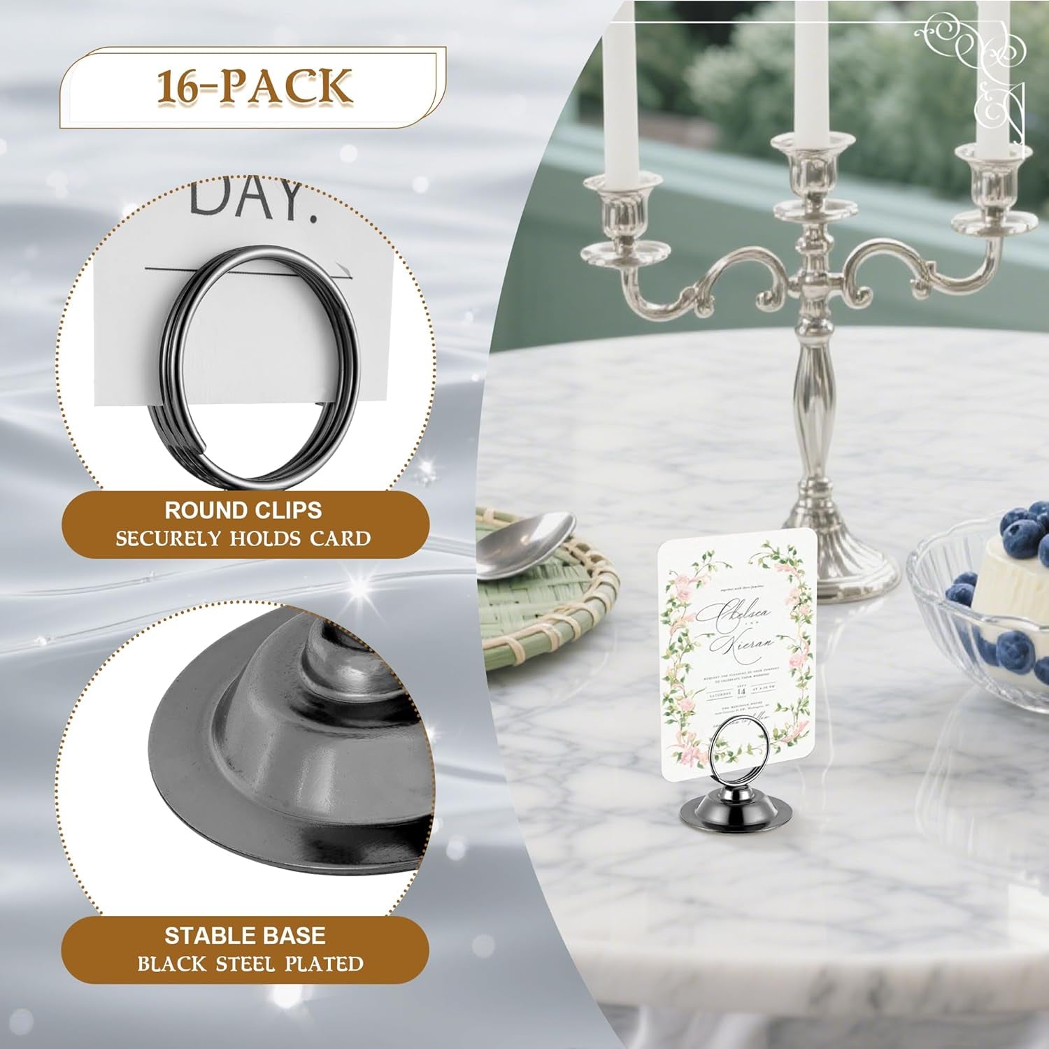 16 PK Table Card Holder Place Card Holders Steel Card Holders for Photos, Food Signs, Memo Notes, Weddings, Restaurants, Birthday (Black)