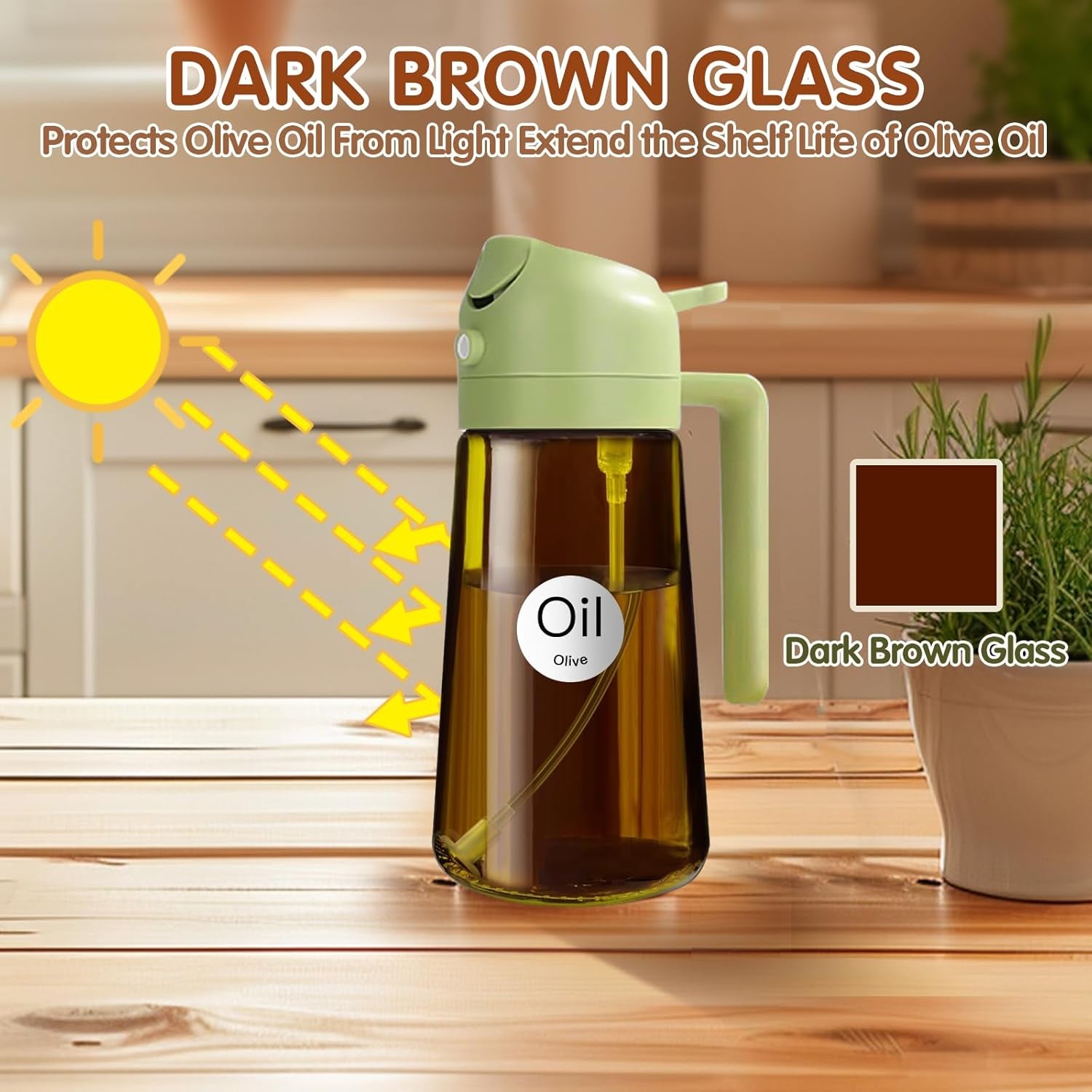 16Oz/470Ml Light Blocking Oil Sprayer for Cooking with Stickers, Food-Grade 2 in 1 Olive Oil Dispenser Bottle for Kitchen, Premium Dark Amber Glass Oil Bottle for Air Fryer, Bbq(Green)