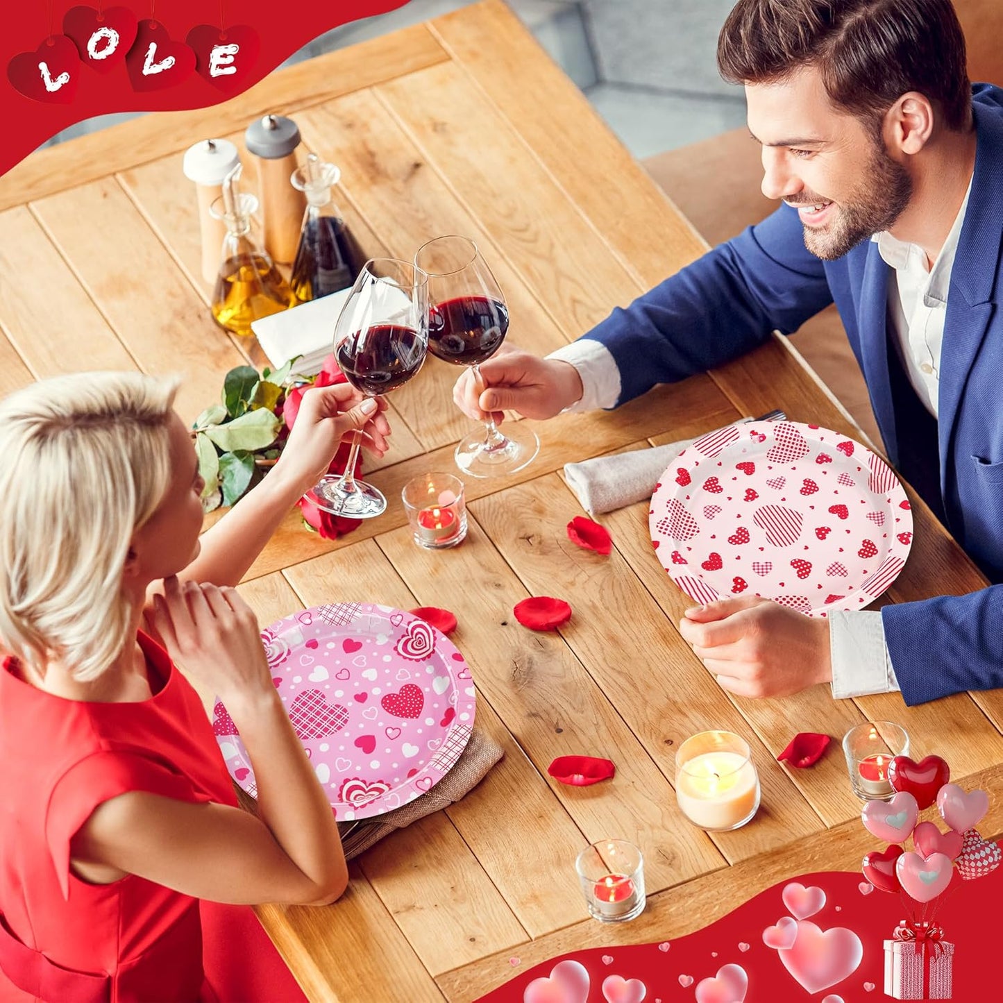 48 PCS Valentines Plates, 9 in Pink Red Color Heart Paper Plates, round Heart Love Design Valentines Day Plates Pink Party Plates, Disposable Pink Dinnerware for Valentines Anniversaries Wedding