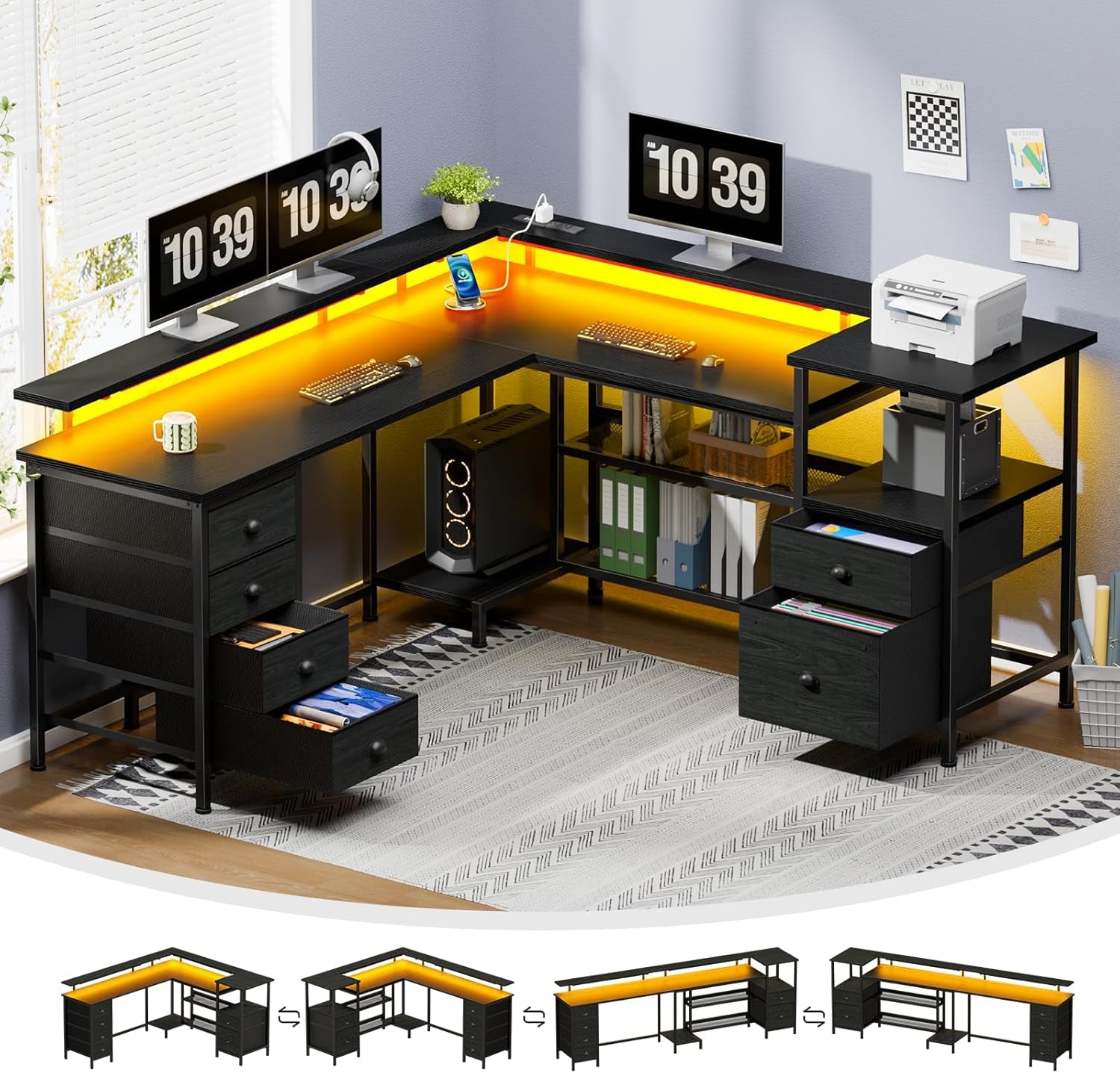 66" L Shaped Gaming Desk with 6 Drawers & Printer Storage Shelves, Reversible Computer Corner Desk with Power Outlets & LED Lights, Home Office Table with Monitor Stand, Black