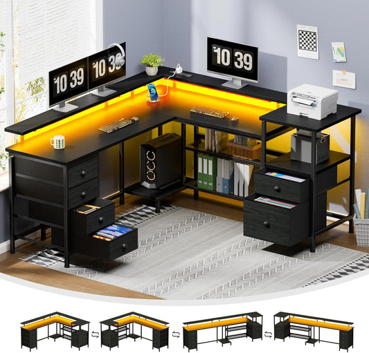 66" L Shaped Gaming Desk with 6 Drawers & Printer Storage Shelves, Reversible Computer Corner Desk with Power Outlets & LED Lights, Home Office Table with Monitor Stand, Black